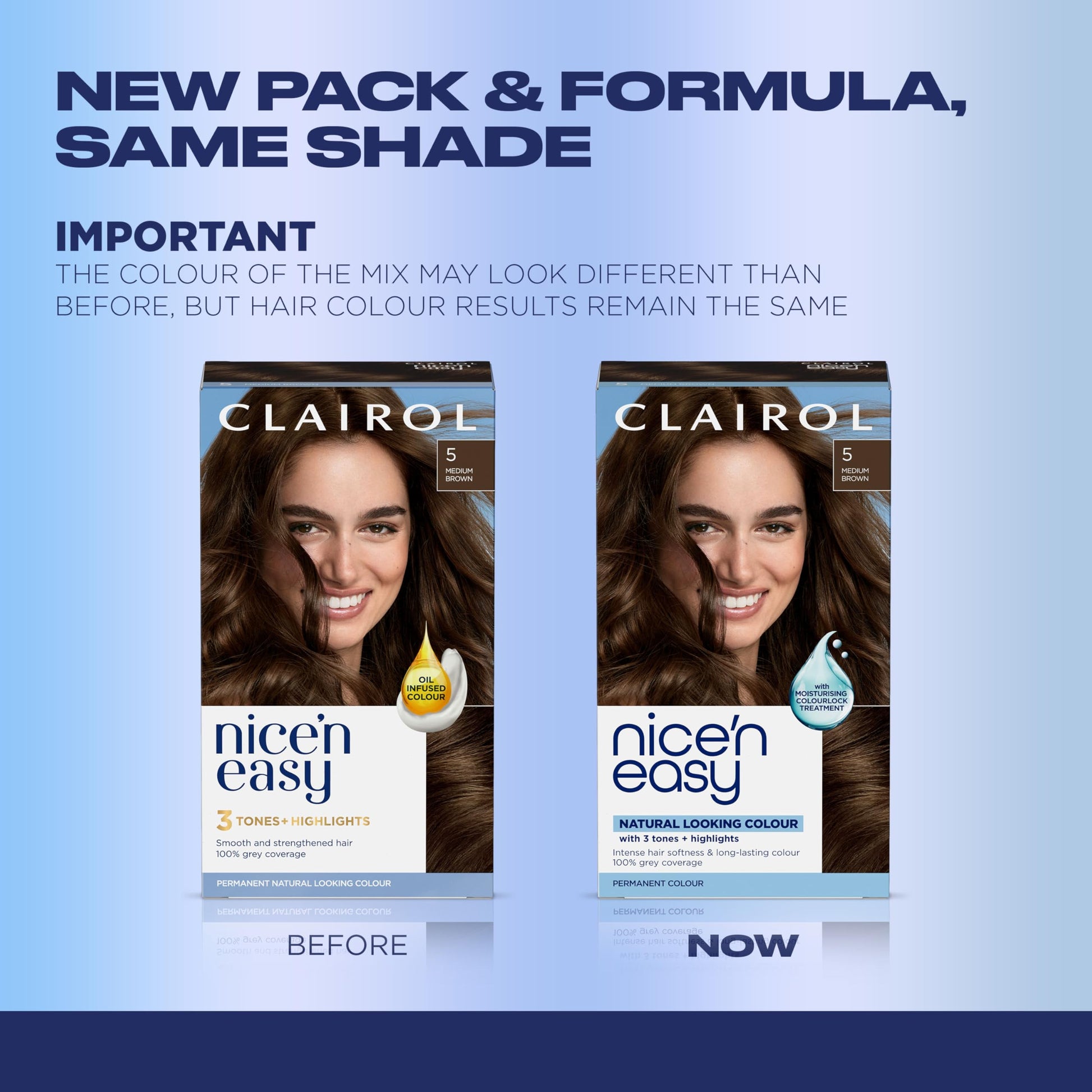 Powder Blue Clairol Nice'n Easy Permanent Hair Dye, 5 Medium Brown Hair Color, Pack of 3 - Packaging May Vary