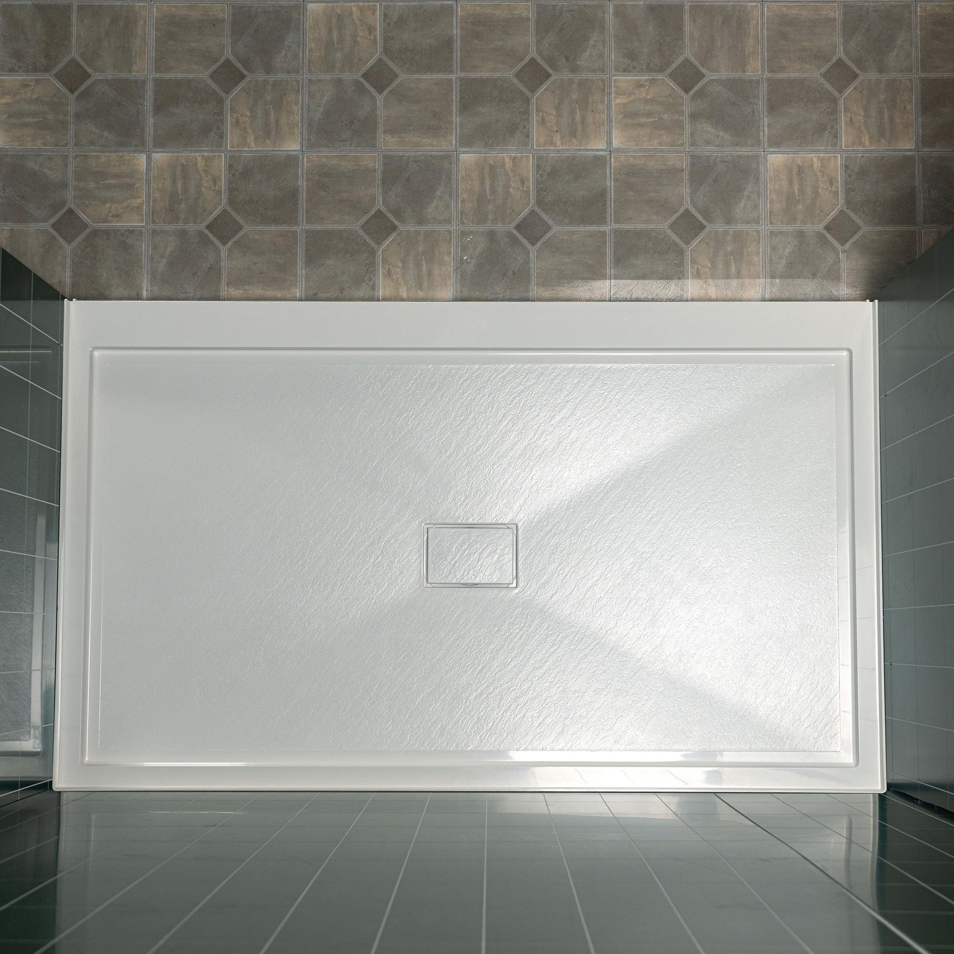 Gray WOODBRIDGE 48" x 32" Solid Surface Shower Base in White with Center Drain,Single Threshold,Slip-Resistant Shower Pan for Alcove Installation