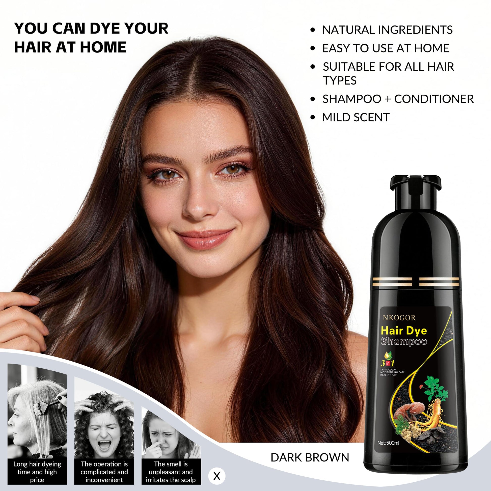 White Smoke NKOGOR Hair Dye Shampoo 3 in 1 Grey Coverage, Hair Dye Semi-Permanent Hair Color Shampoo for Women Men, Hair Color Herbal Ingredients Natural, Argan Oil, Olive Oil and Turmeric (Dark Brown)