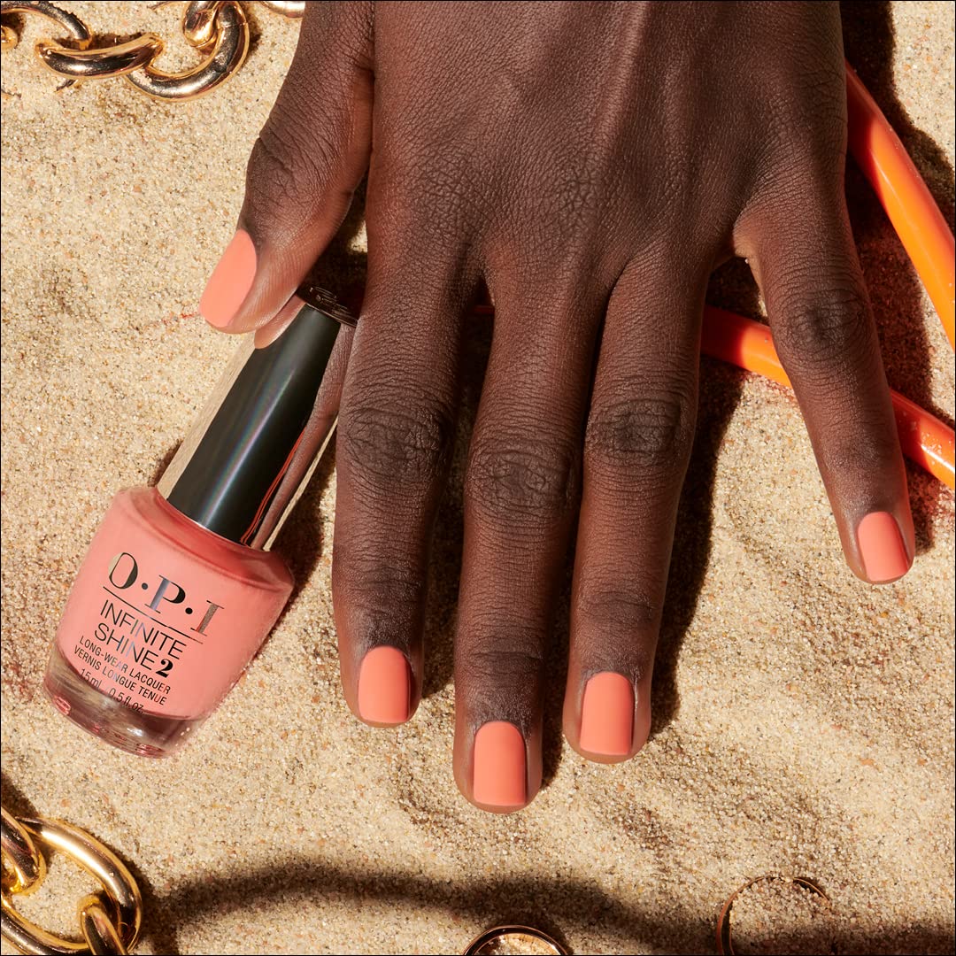 Tan OPI Infinite Shine 2 Long-Wear Lacquer, Opaque & Vibrant Crème Finish Orange Nail Polish, Up to 11 Days of Wear, Chip Resistant & Fast Drying, Summer 2023 Collection, Summer Make the Rules,Flex on the Beach, 0.5 fl oz