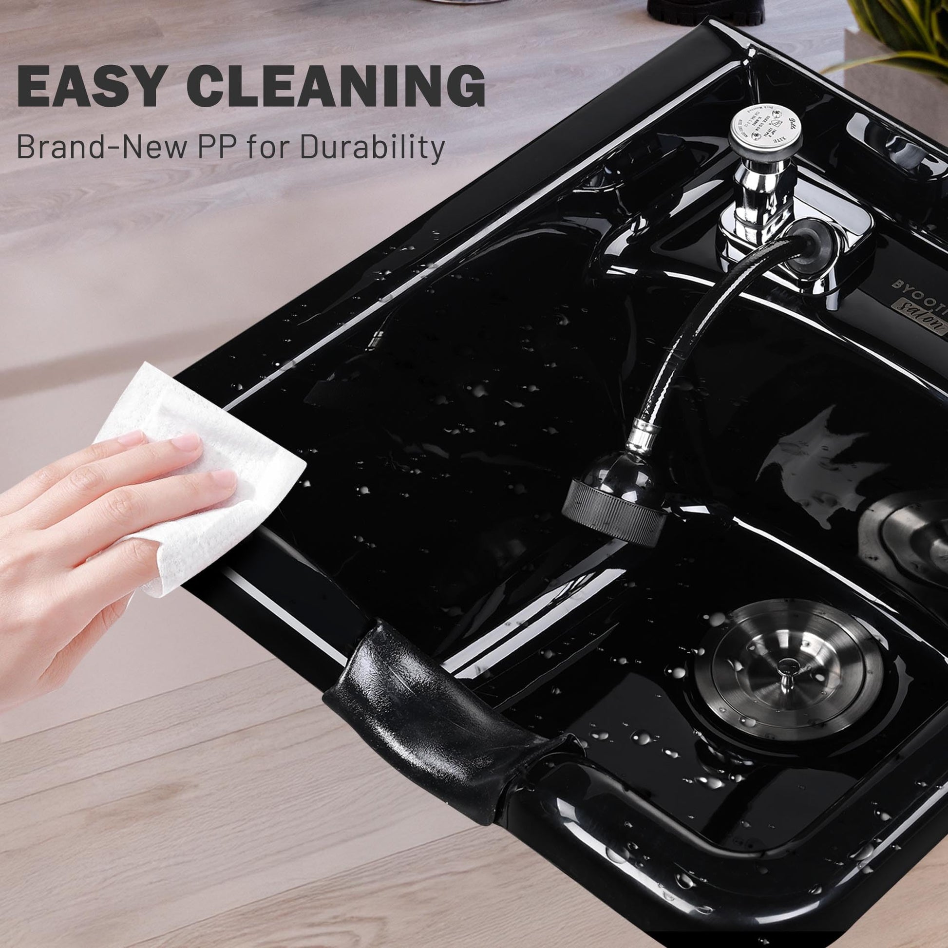 Black BYOOTIQUE Shampoo Bowl Hair Sink with Gel Neck Rest Hair Trap CUPC Vacuum Breaker Barber Salon Spa Mounting Ability for Home Barbershop