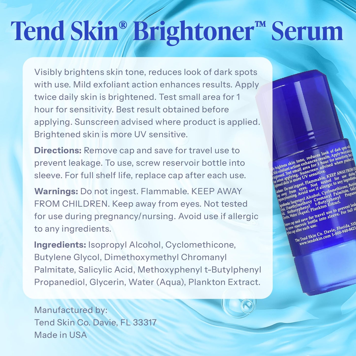 Alice Blue Tend Skin Brightoner Serum Roll On, Improves Appearance Of Uneven Skin Tone, Patches, and Dark Spots, Advanced Formula for Face and Body, 2.5 Oz