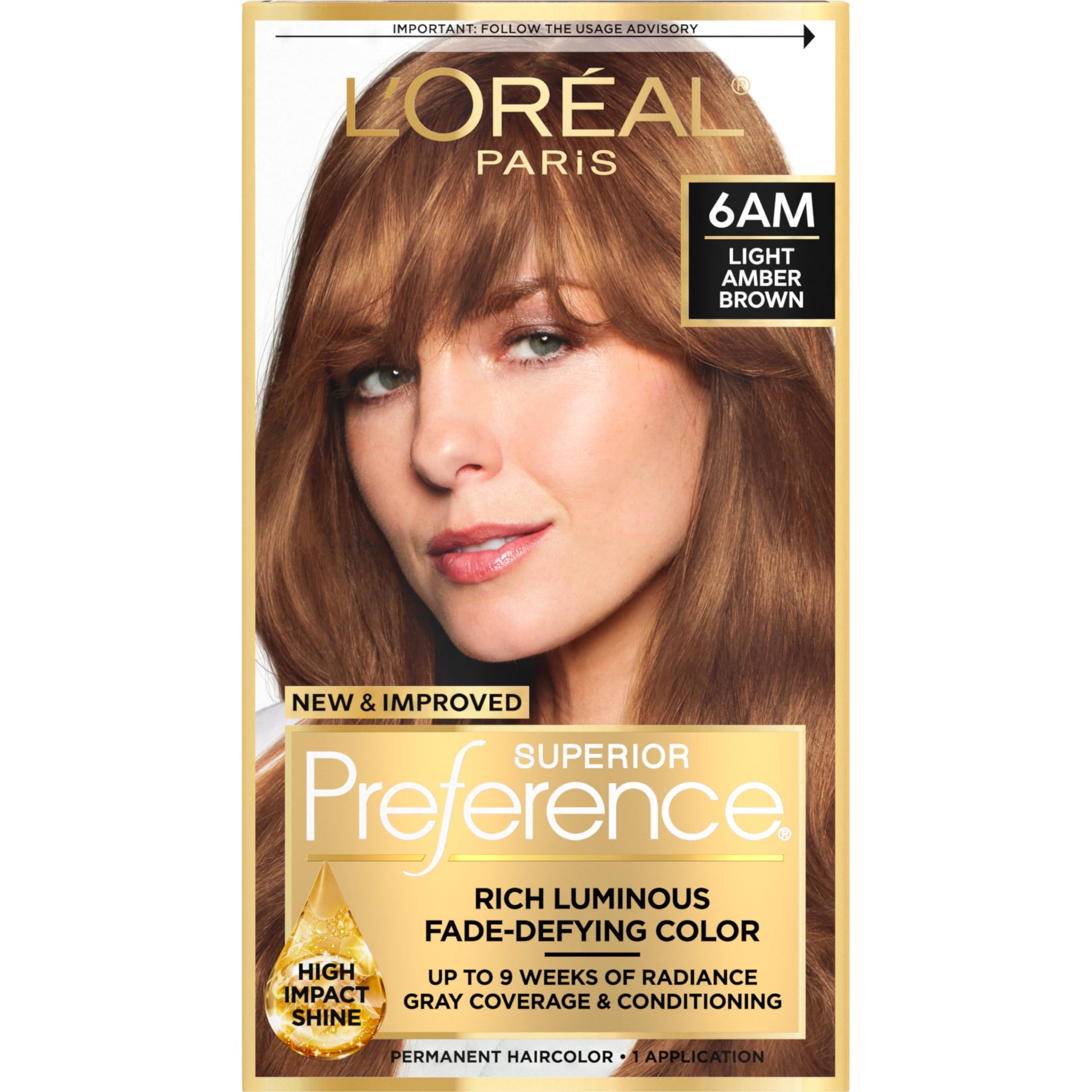 Saddle Brown L'Oreal Paris Superior Preference Luminous Fade-Defying Permanent Hair Color, Hair Dye For Up to 9 Weeks of Radiance, Light Amber Brown 6AM, 1 Hair Dye Kit
