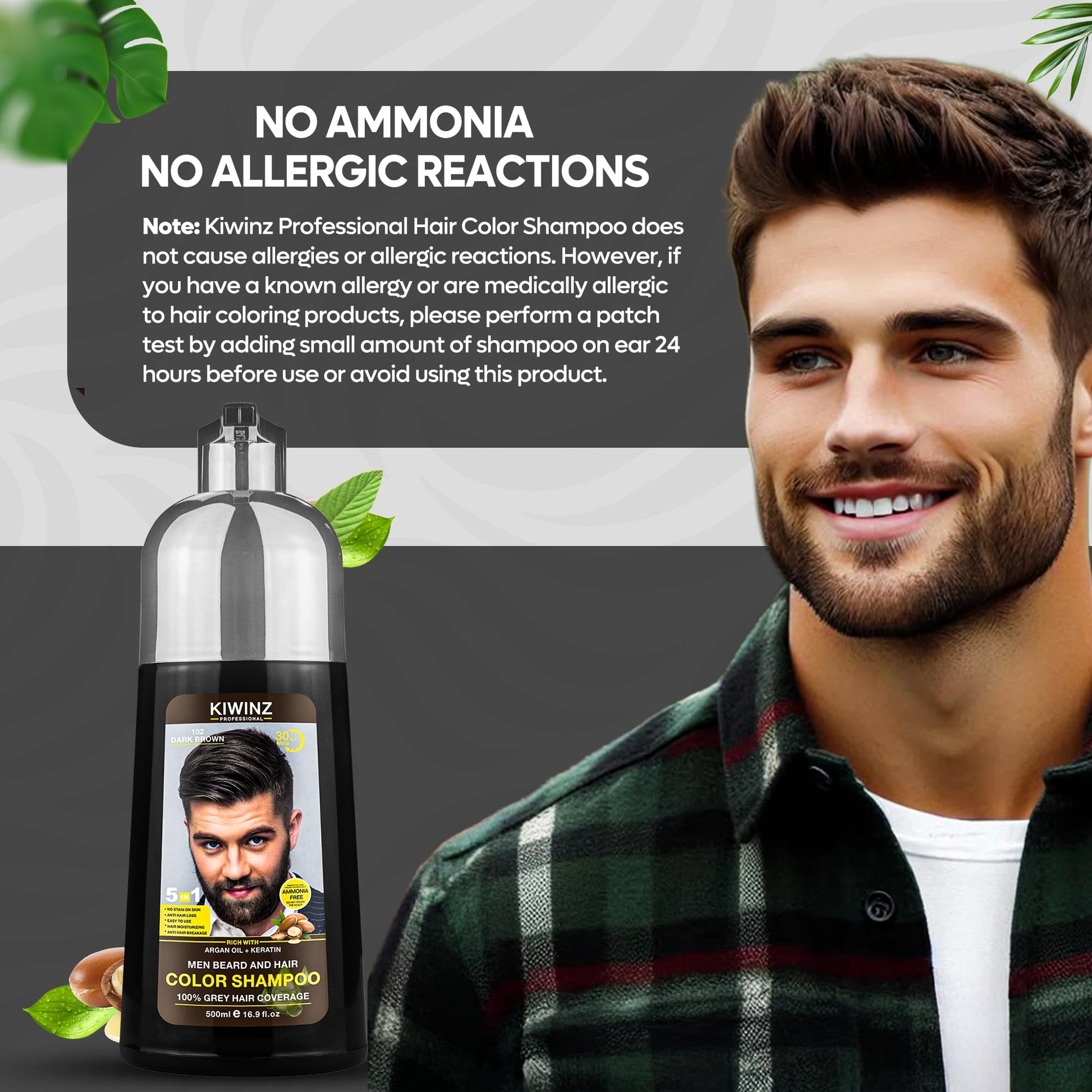 Dark Slate Gray Kiwinz Professional Dark Brown Hair Color Shampoo for Men – 5 in 1 Hair Dye Shampoo for Grey Hair - Instant Hair Dye with 100% Color Accuracy with Natural Ingredients - Ammonia Free - 500ml