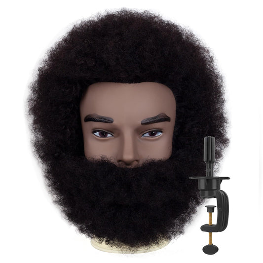 Black DIRUISI 6"Afro Male Mannequin Head with Beard 100% Human Hair Curly Hair 4A Type for Hairdresser Training Head Cosmetology Afro Hair Manikin Head for Practice Styling Cornrow Braiding with Clamp Stand