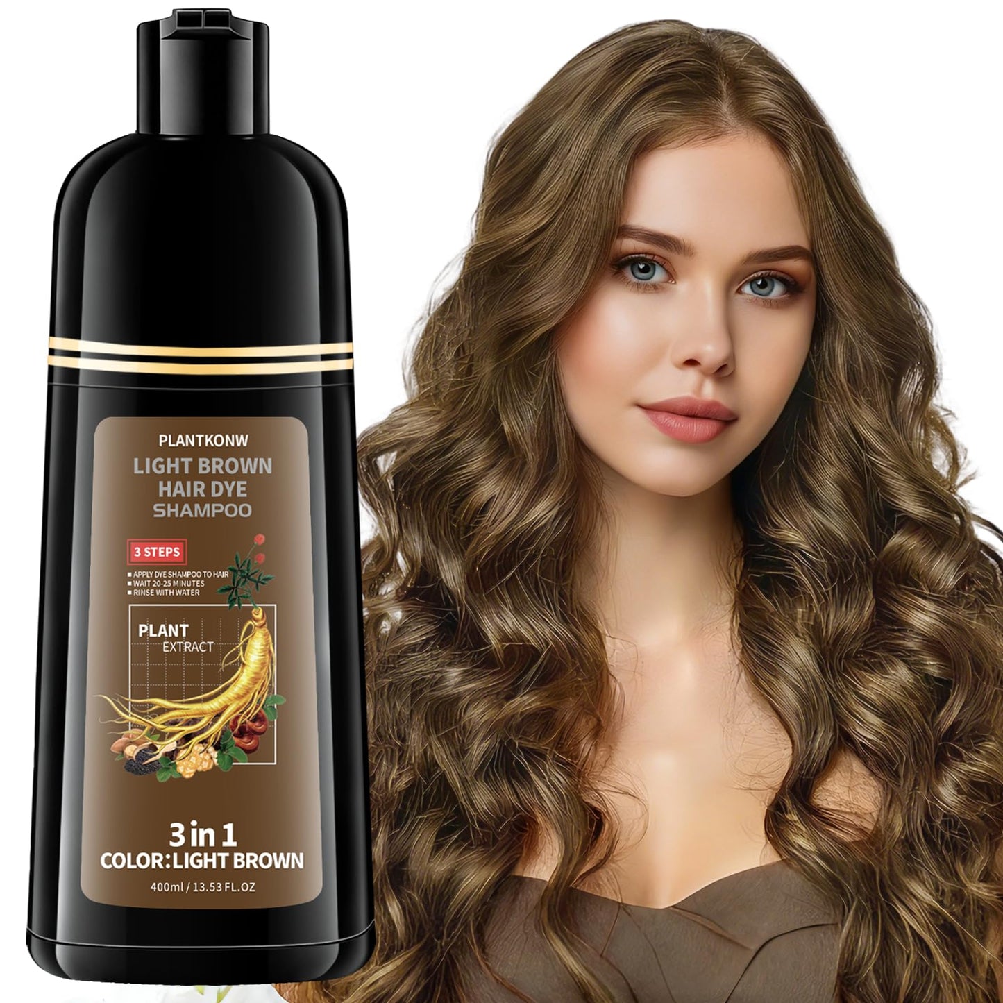 White Smoke Plantkonw Light Brown Hair Dye Shampoo, 3 In 1 Semi Permanent Hair Color Shampoo for Gray Coverage, Natural Hair Dye for Women & Men, Ammonia & Paraben Free