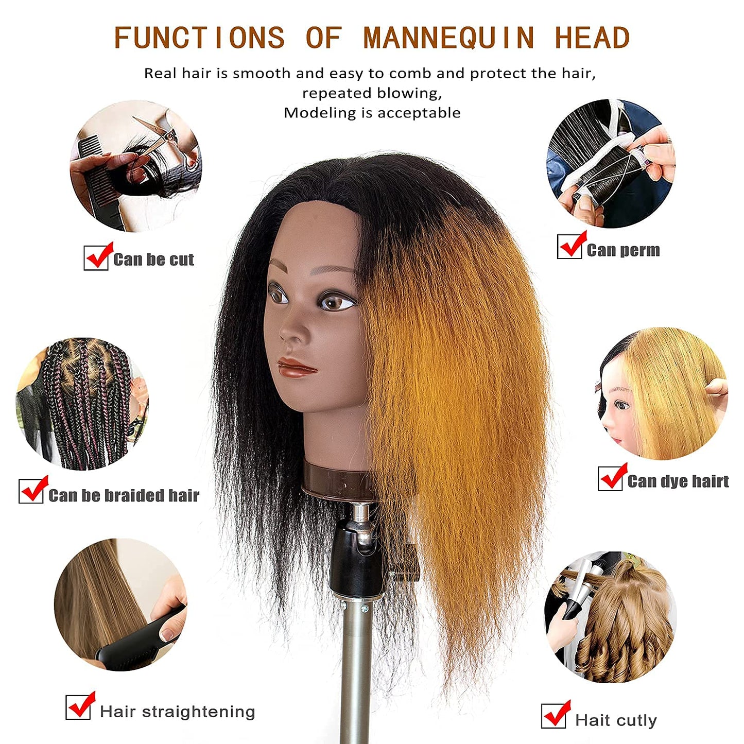 White Smoke MILLYSHINE Mannequin Head With Human Hair,16",Braiding Styling Doll Head,Beauty School Manikin Head,Curling Dyeing Hairdresser Practice Training Head