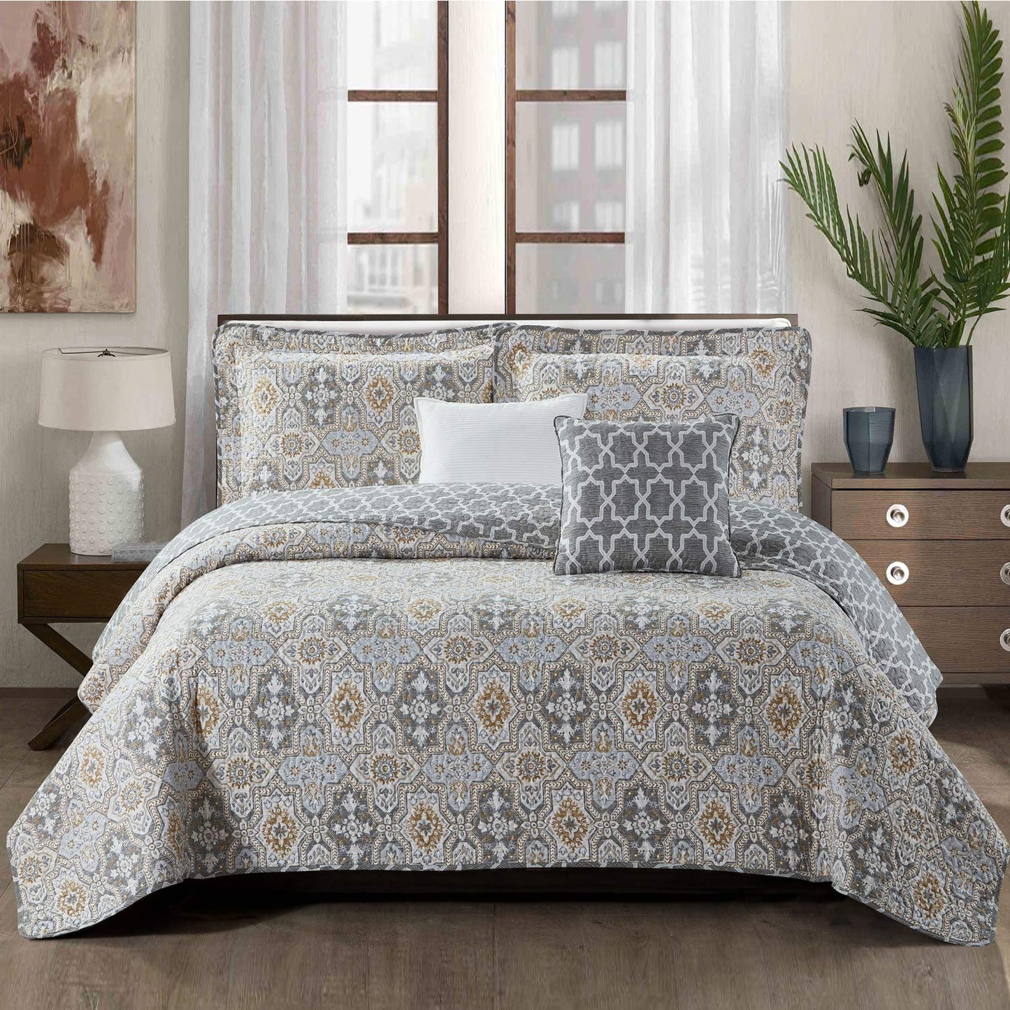 Dark Gray Home Soft Things Lanza Printed Microfiber Quilt Oversize King 122" x 106" 5 Piece Bedding Set with Matching Shams Pillows, Mustard Gray Blue Floral Design Reversible Bedspread Coverlet