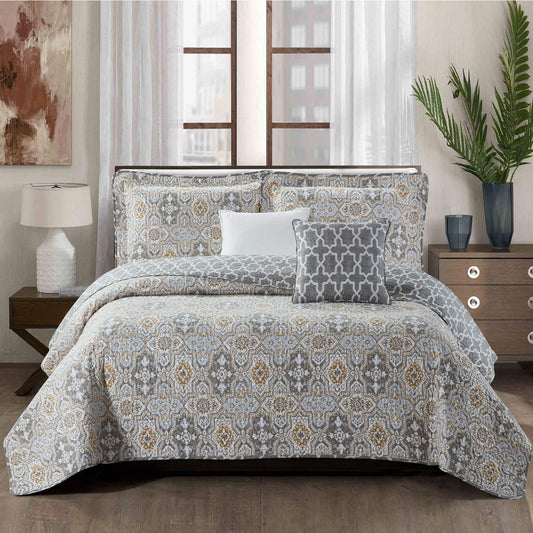 Dark Gray Home Soft Things Lanza Printed Microfiber Quilt Oversize King 122" x 106" 5 Piece Bedding Set with Matching Shams Pillows, Mustard Gray Blue Floral Design Reversible Bedspread Coverlet