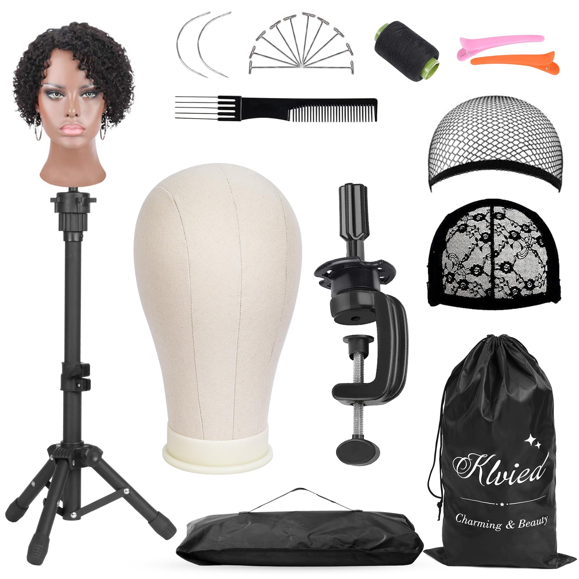 White Smoke Klvied Wig Mannequin Stand for Desktop, Dual-use 22 Inch Canvas Wig Head Display, Adjustable Clamp Wig Holder, Manikin Head Stand Set for Cosmetology Hairdressing Training with Carrying Case