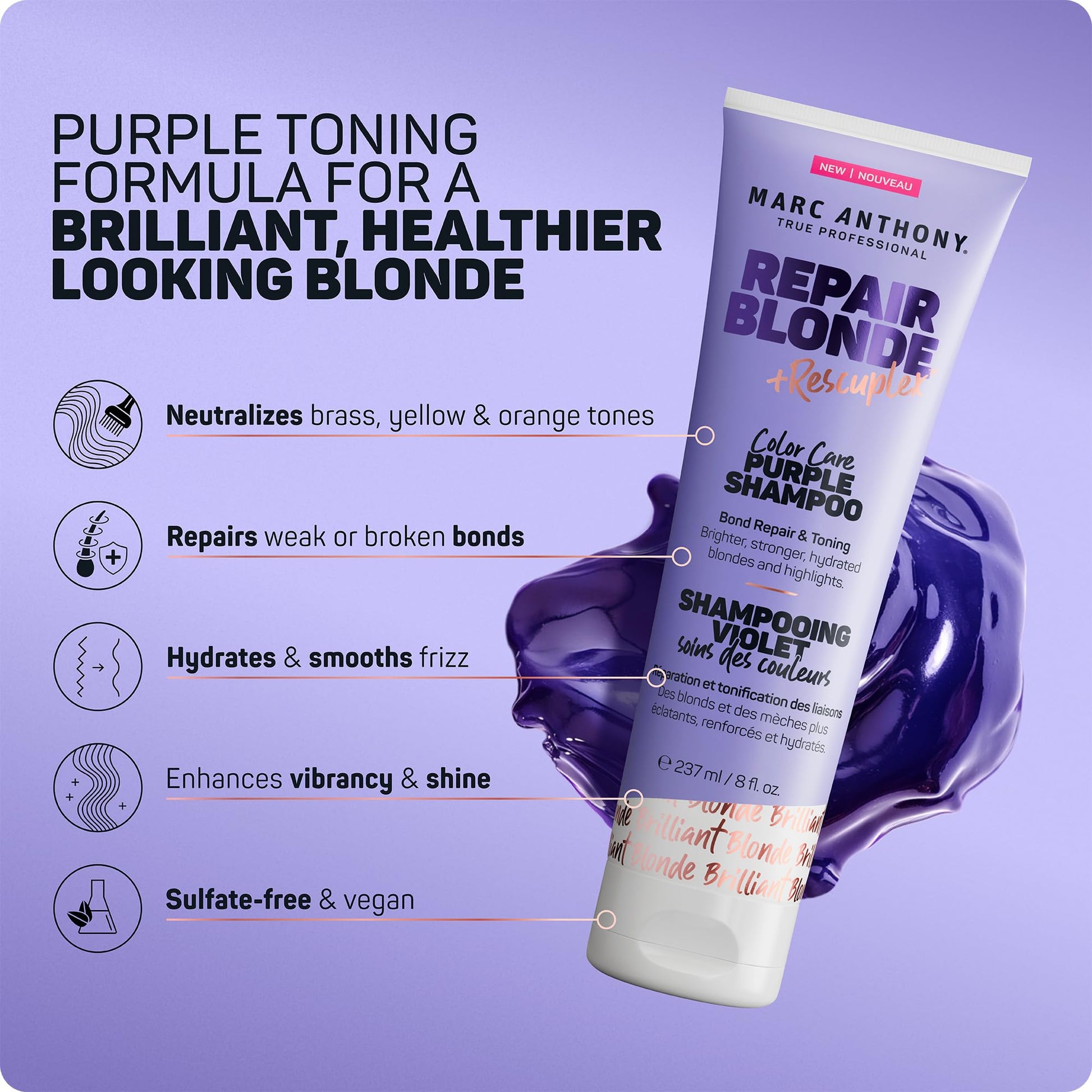 Light Steel Blue Marc Anthony Bond Repair Purple Hair Shampoo for Blonde & Grey Hair, Blonde Repair - Color-Safe Toning Hair Shampoo Neutralizes Yellow, Brassy Tones & Repairs Weak Broken Bonds