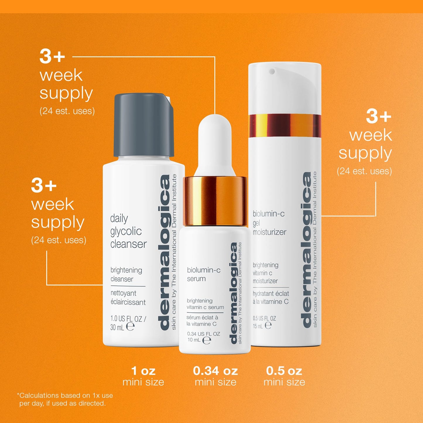 Goldenrod Dermalogica Daily Brightness Boosters Facial Skin Care Kit - Contains BioLumin-C Serum (0.3 oz), BioLumin-C Gel Moisturizer (0.5 oz), and Daily Glycolic Cleanser (1 oz)
