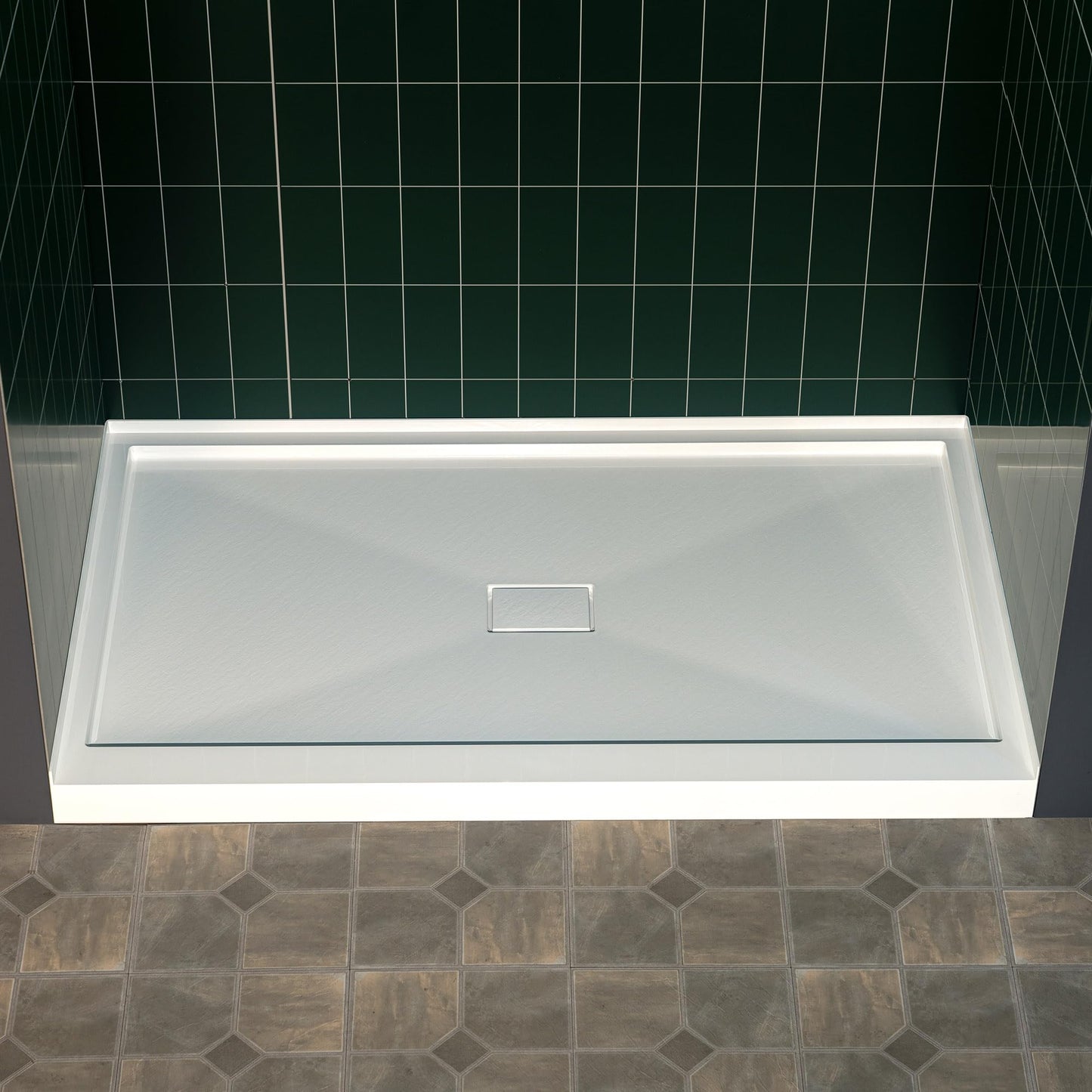 Black WOODBRIDGE 48" x 32" Solid Surface Shower Base in White with Center Drain,Single Threshold,Slip-Resistant Shower Pan for Alcove Installation