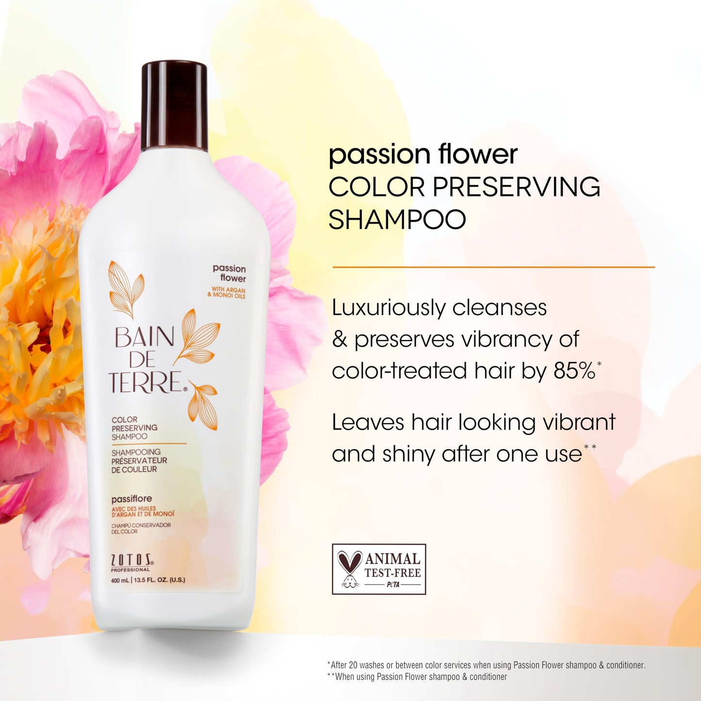 White Smoke Bain de Terre Passion Flower Color Preserving Shampoo, for Vibrant Color & Protection from Fading, with Argan & Monoi Oils, Paraben-free, Vegan, 13.5 Fl Oz
