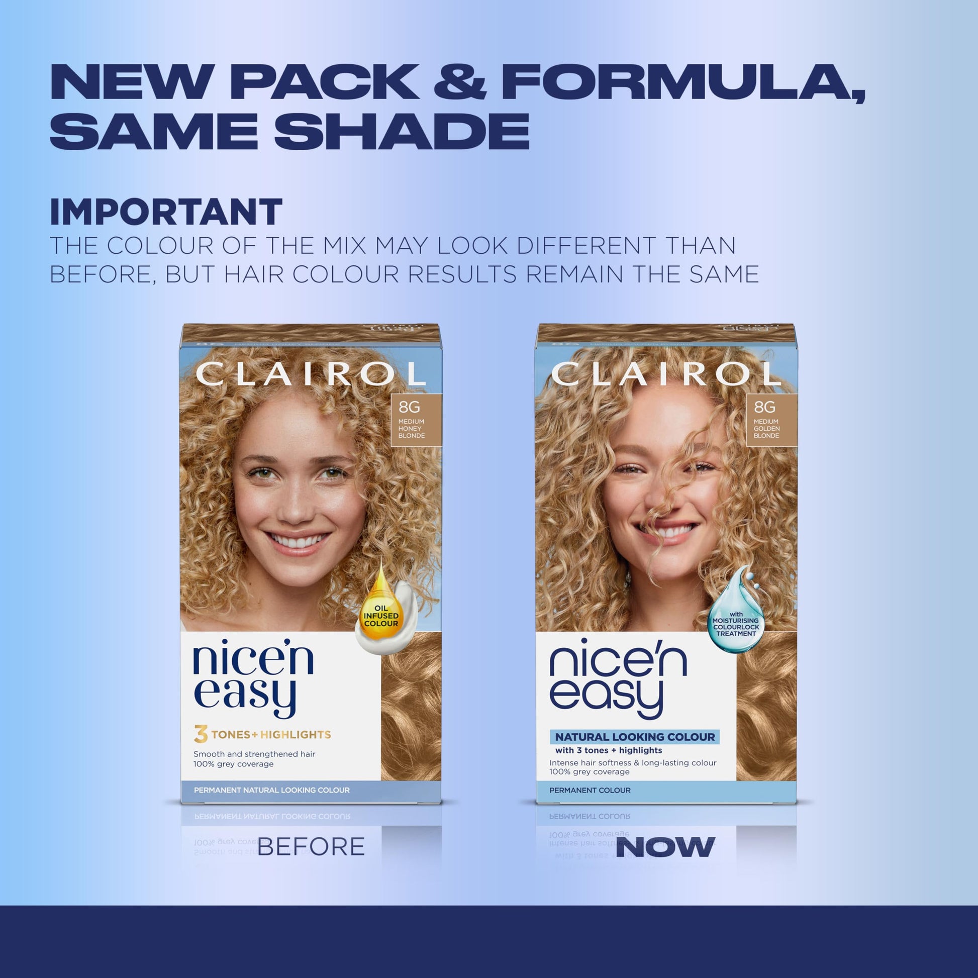 Powder Blue Clairol Nice'n Easy Permanent Hair Dye, 8G Medium Golden Blonde Hair Color, Pack of 1 - Packaging May Vary
