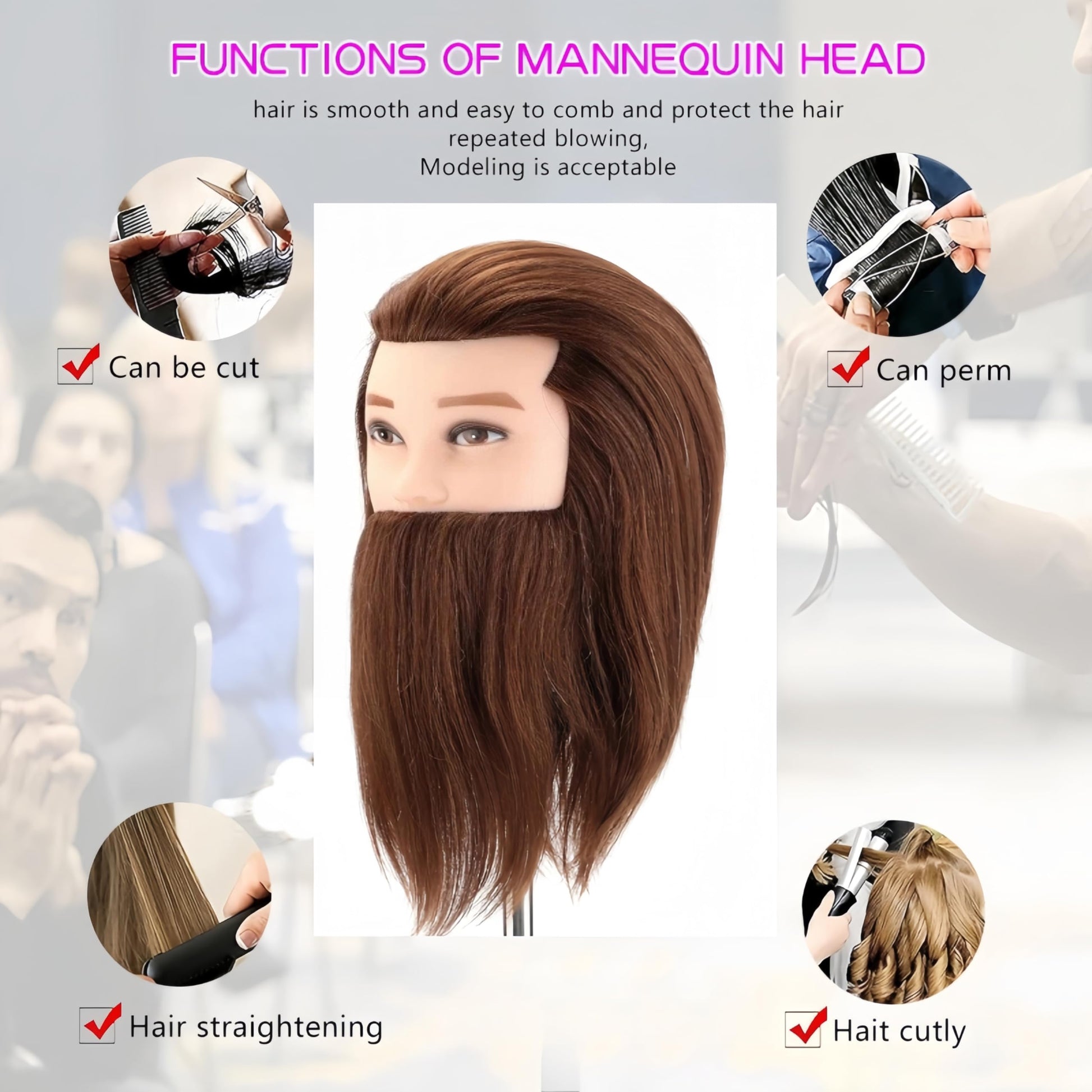 White Smoke Mannequin Head Human Hair for Hair Styling, Barber Mannequin Head Male with 100% Human Hair and Beard Cosmetology Training Manikin Head for Hair Cutting