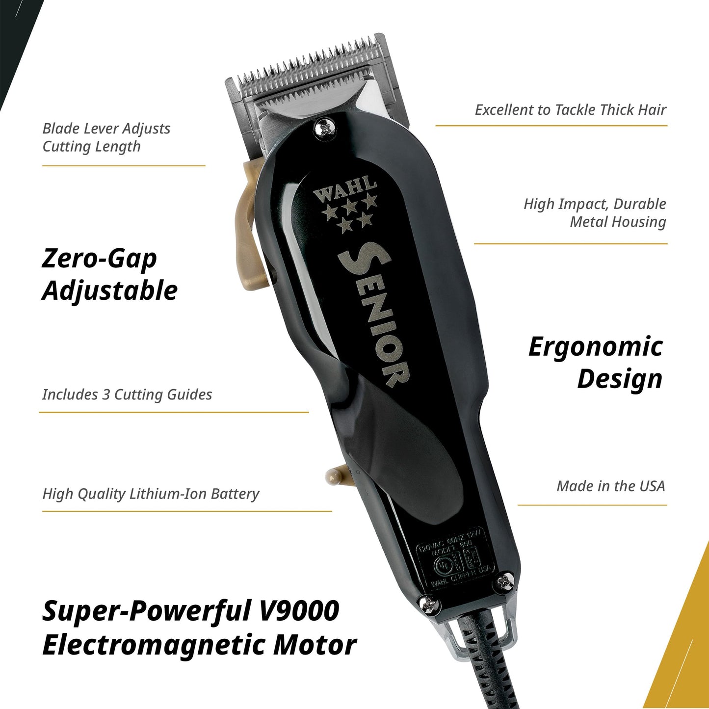 White Smoke Wahl Professional 5 Star Senior Clipper, V9000 Motor, Adjustable Taper Lever, Includes 3 Cutting Guides