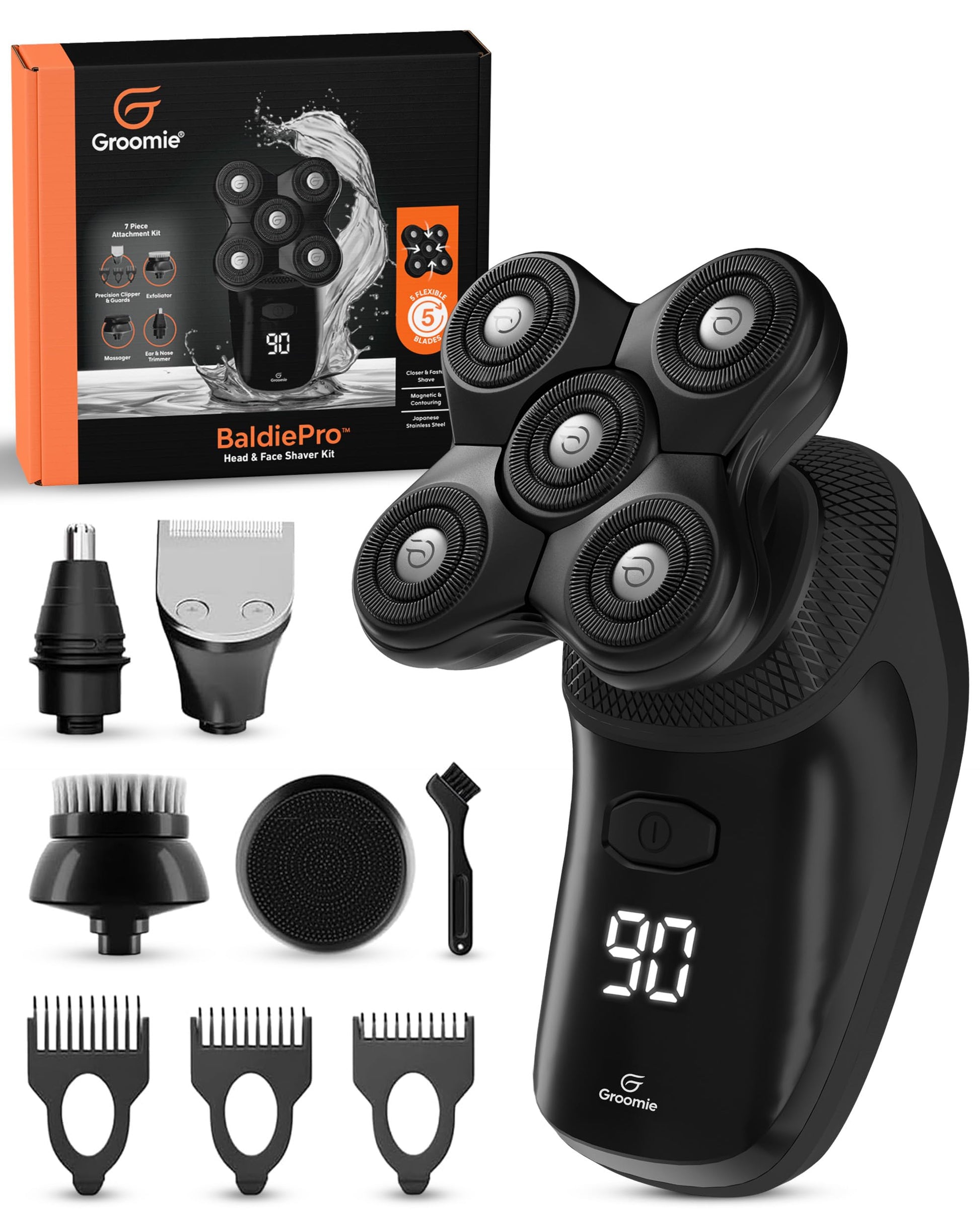 White Smoke Groomie Cordless Bald Head Shavers for Men, BaldiePro Head Grooming Kit - Ergonomic & Waterproof Head Shavers for Bald Men - Electric Hair Shaver & Head Razor - Men's Rotary Shaver for Smooth Shave