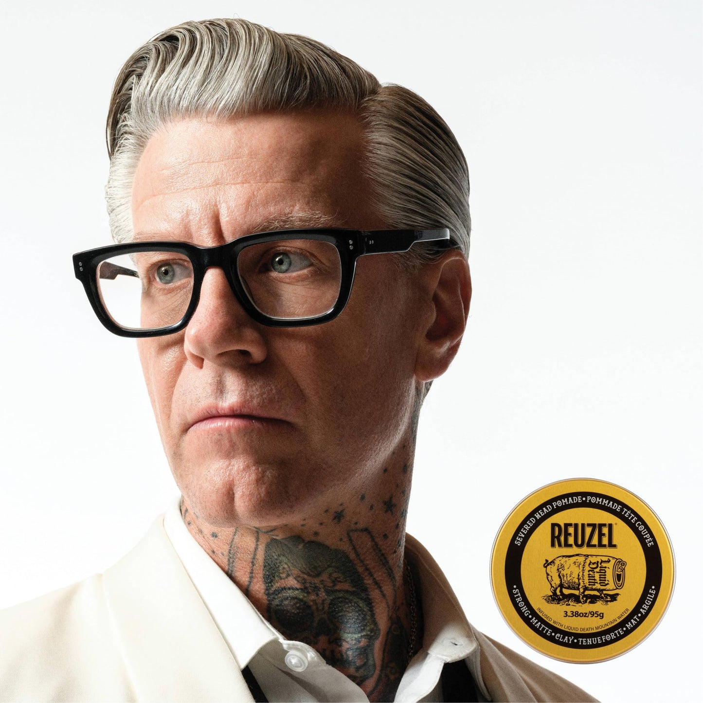 White Smoke REUZEL and Liquid Death Severed Head Matte Clay Pomade, Strong All Day Hold, Water Soluble, Matte Finish and Non-Greasy Formula, Easy To Wash Out, For All Hair Types, 3.38 oz