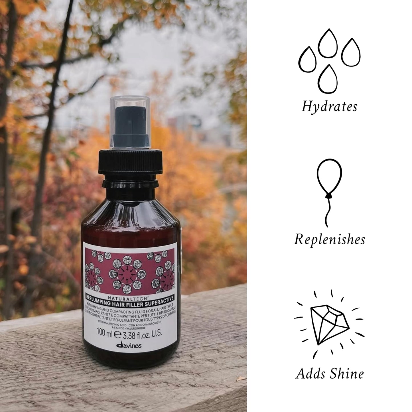 White Smoke Davines Naturaltech Replumping Hair Filler Superactive, Moisturizing for Fine Hair Lacking Elasticity - With Plum Phytoceuticals - Thickens & Plumps Hair, Travel Size, 3.38 Fl Oz