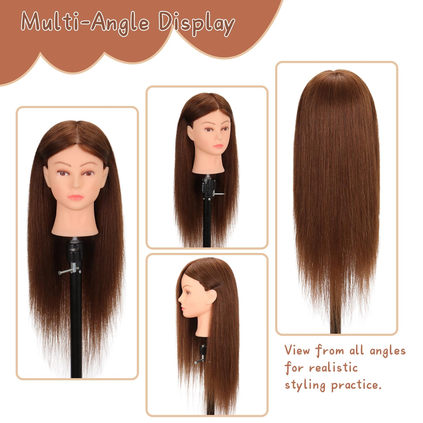 White Smoke Mannequin Head with 100% Real Human Hair 22"-24", Cosmetology Mannequin Head for Hairdresser Practice Braiding, Styling, Cutting and Hair Training（Dark Brown）