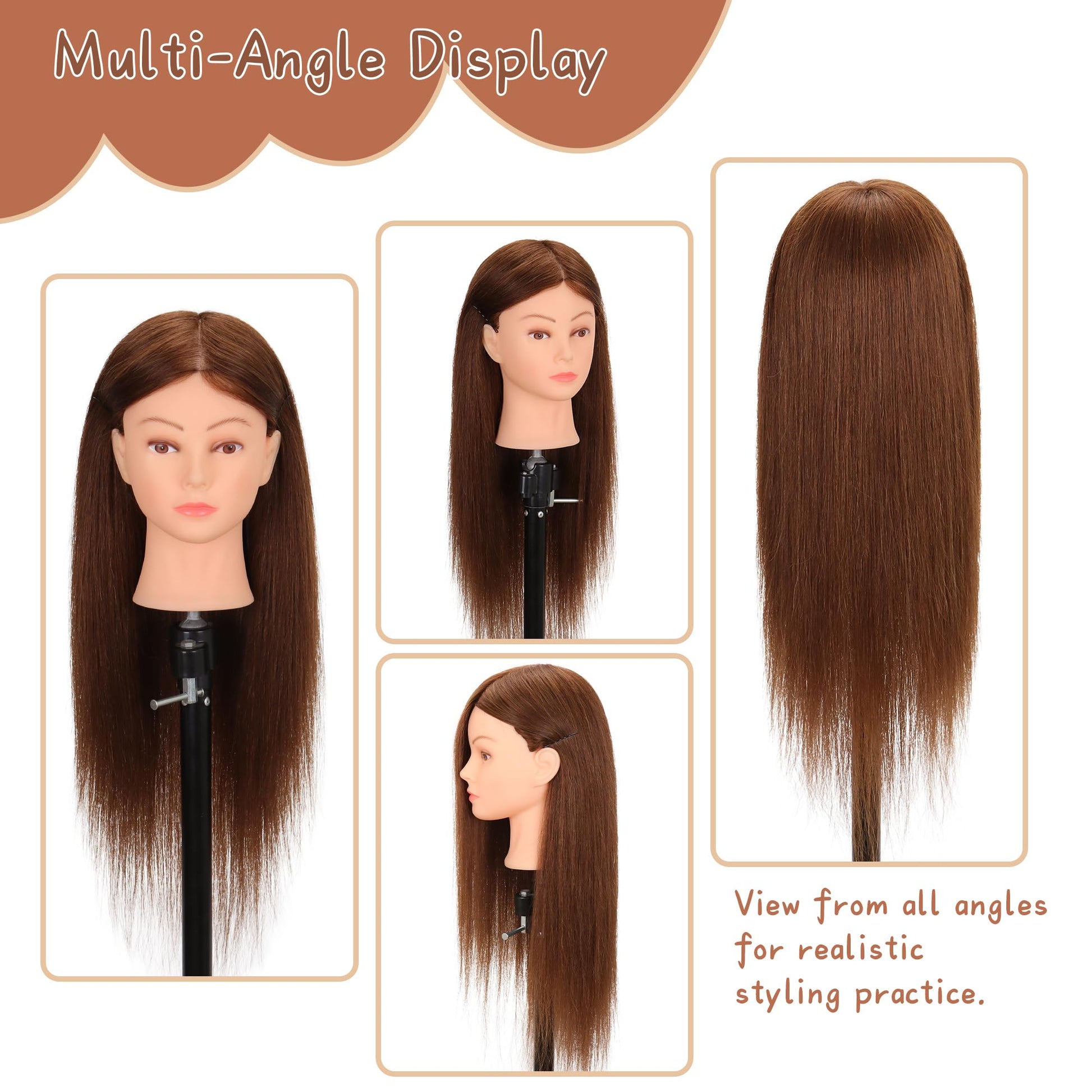 White Smoke Mannequin Head with 100% Real Human Hair 22"-24", Cosmetology Mannequin Head for Hairdresser Practice Braiding, Styling, Cutting and Hair Training（Dark Brown）
