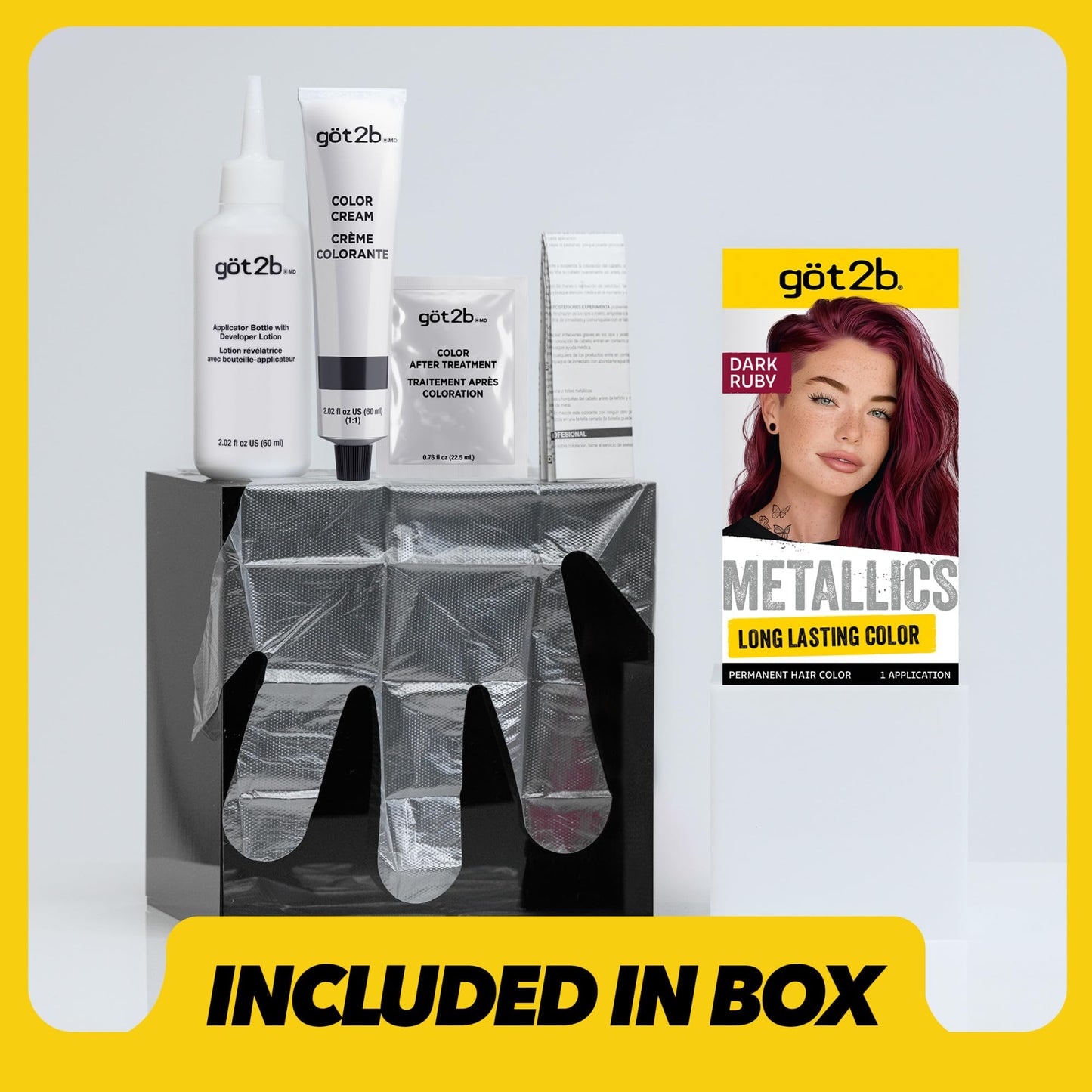 Light Gray got2b Metallics Permanent Hair Dye, Dark Ruby M68, Hair Color for Women & Men, Formulated with Metallic-Shine Booster for Cool, Shimmering Tones, Lasts Up to 30 Washes, 1 Kit