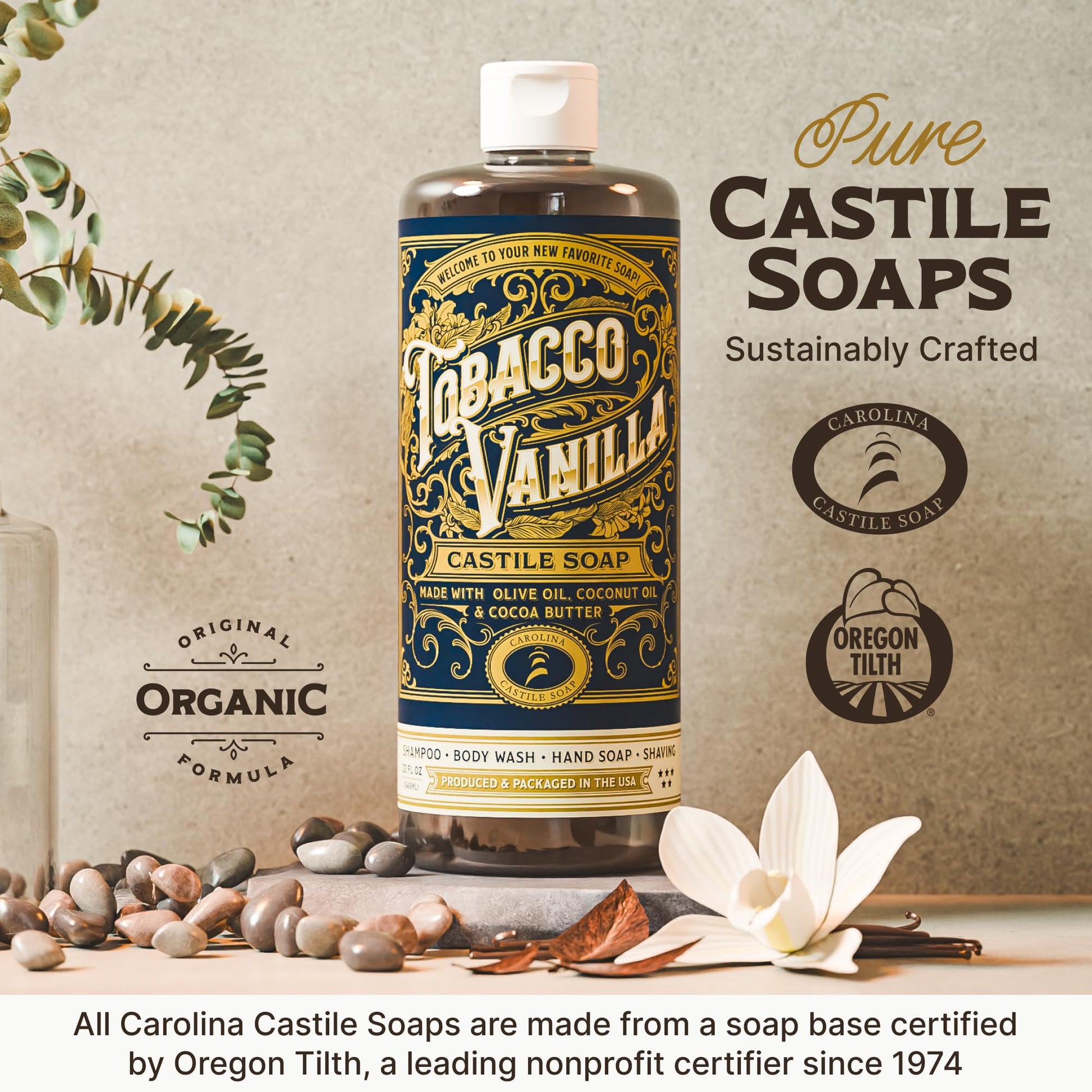 Gray Castile Liquid Body Wash for Sensitive Skin – Natural Shampoo for Men with Olive Oil, Cocoa Butter & Coconut Oil – Tobacco Vanilla by Carolina Castile (Tobacco Vanilla, 32 Fl Oz)