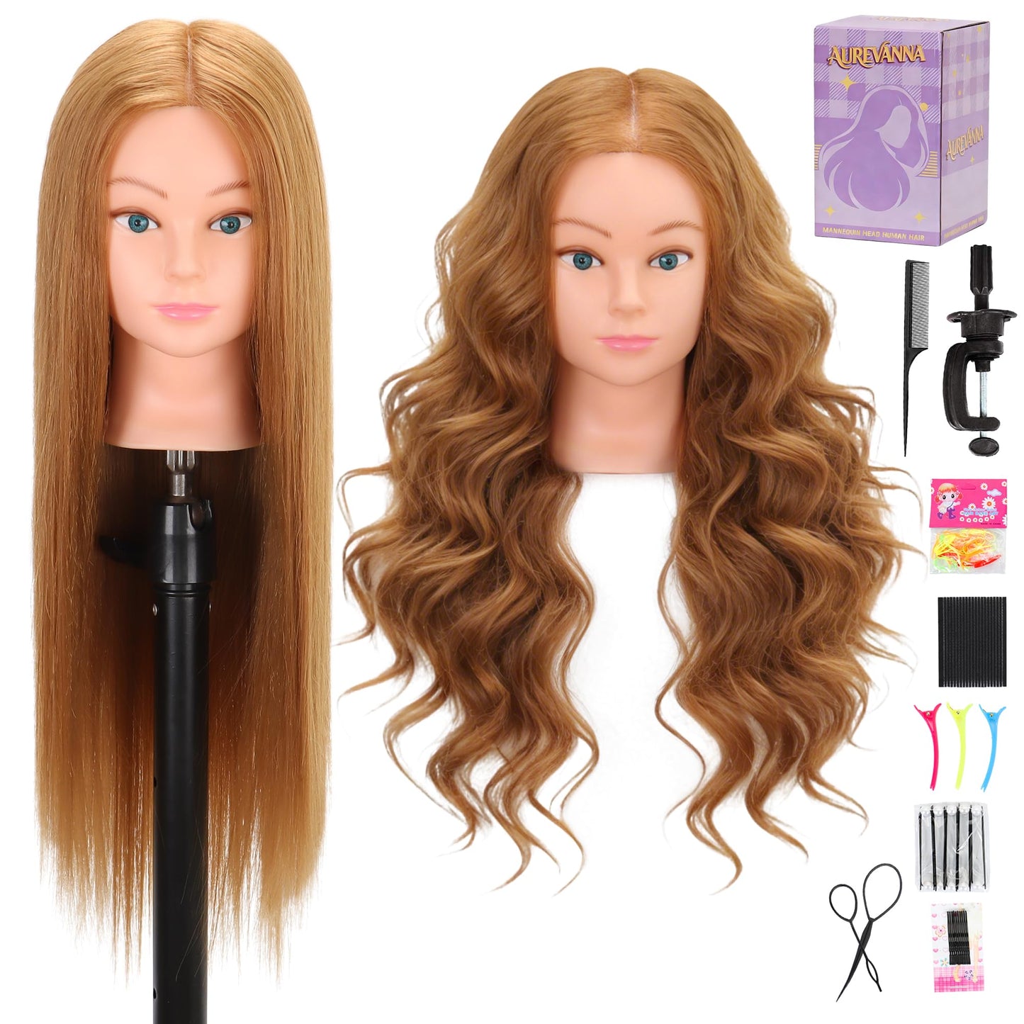 White Smoke Mannequin Head with 80% Real Hair for Cosmetology, 26-28" Light Brown Hairdresser Training Head with Clamp Holder and Tool (Blonde)