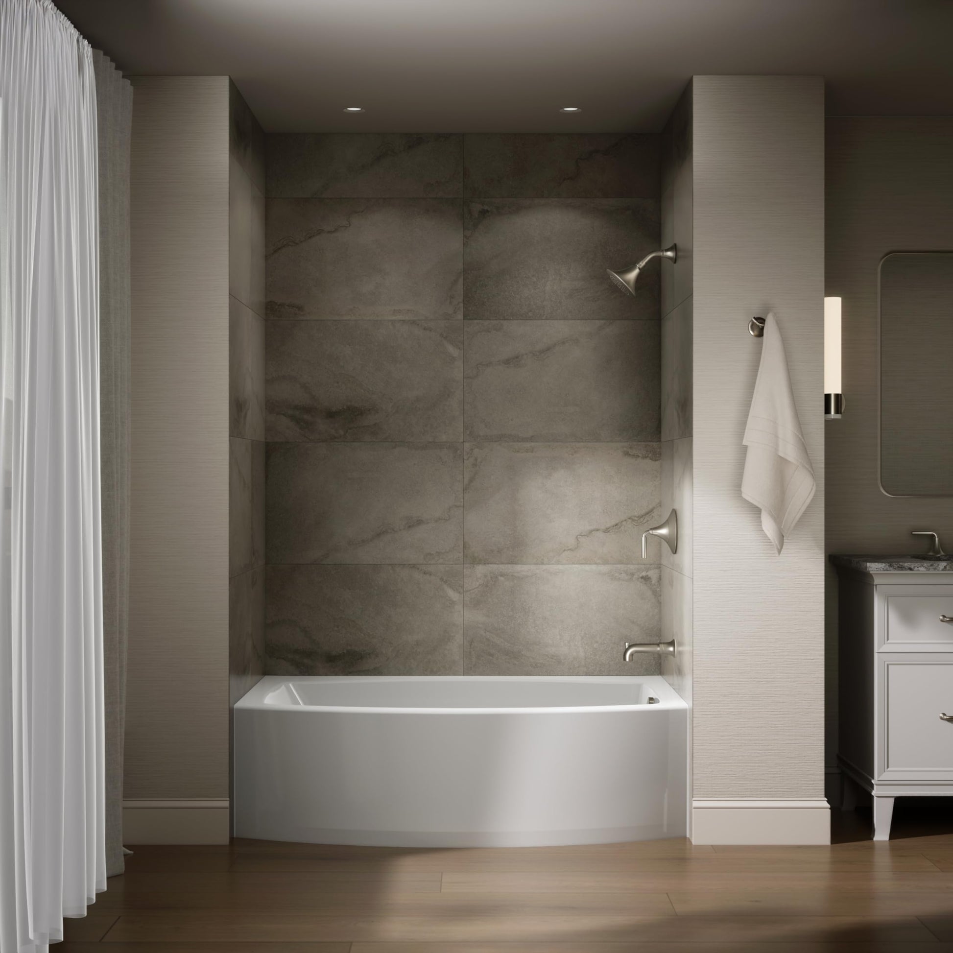 Dark Slate Gray KOHLER 1100-RA-0 Expanse 60" x 32" Acrylic Alcove Bathtub with Right-Hand Drain, Compact Design Soaking Tub, White