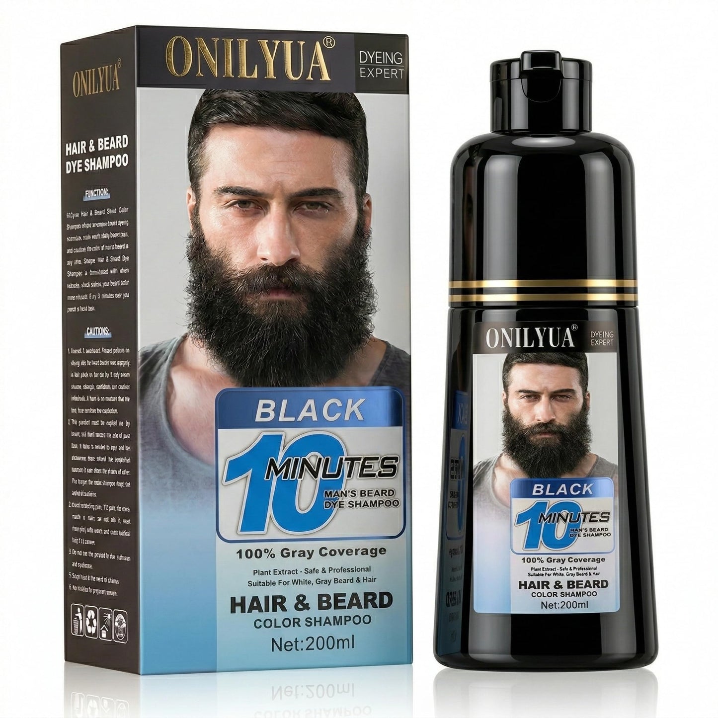White Smoke Mens Beard & Mustache Dye Shampoo, Instant 100% Grey Hair Coverage, 3 in 1 Black Beard Color Shampoo for Men Facial Hair, Easy to Use & Dermatologist Tested, 200ML