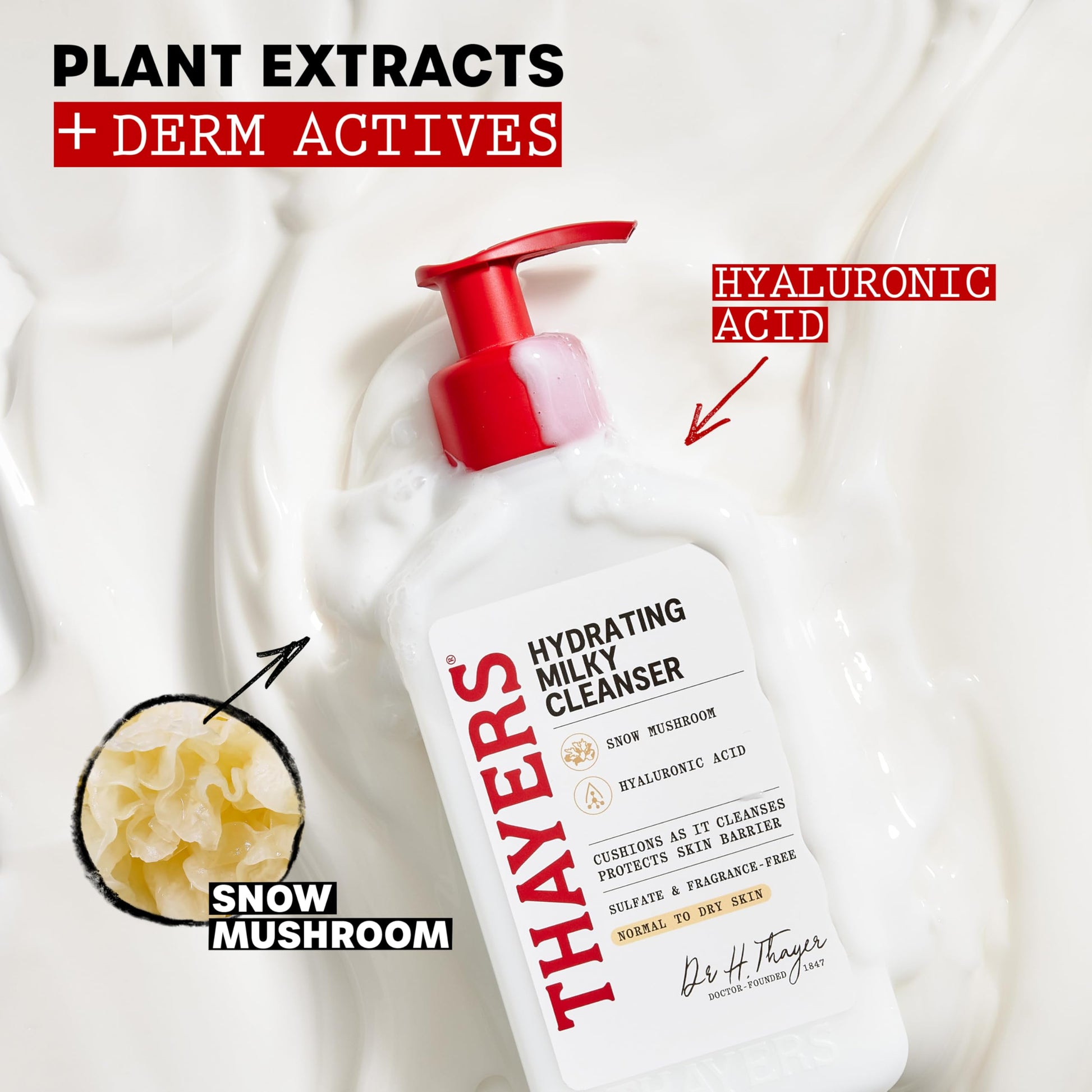 Lavender Thayers Milky Hydrating Face Cleanser with Snow Mushroom and Hyaluronic Acid, Dermatologist Recommended Gentle Facial Wash and Hydrating Skincare for Dry and Sensitive Skin, Paraben Free, 8 Fl Oz