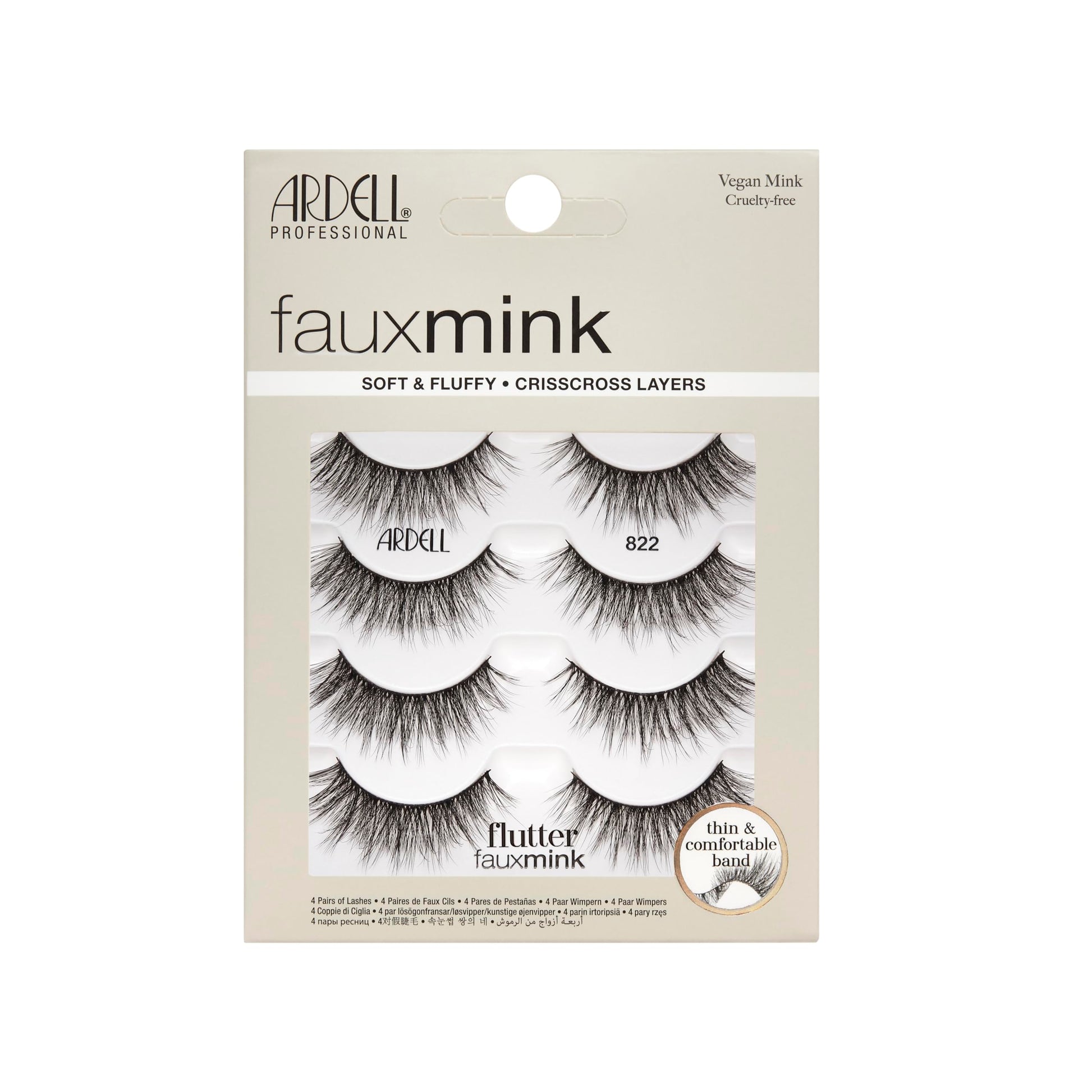 Light Gray Ardell Faux Mink Lashes Flutter 822 – Soft & Fluffy False Eyelashes, Vegan Mink, Crisscross Layered Strip Lashes with Thin Band, 4 Pairs