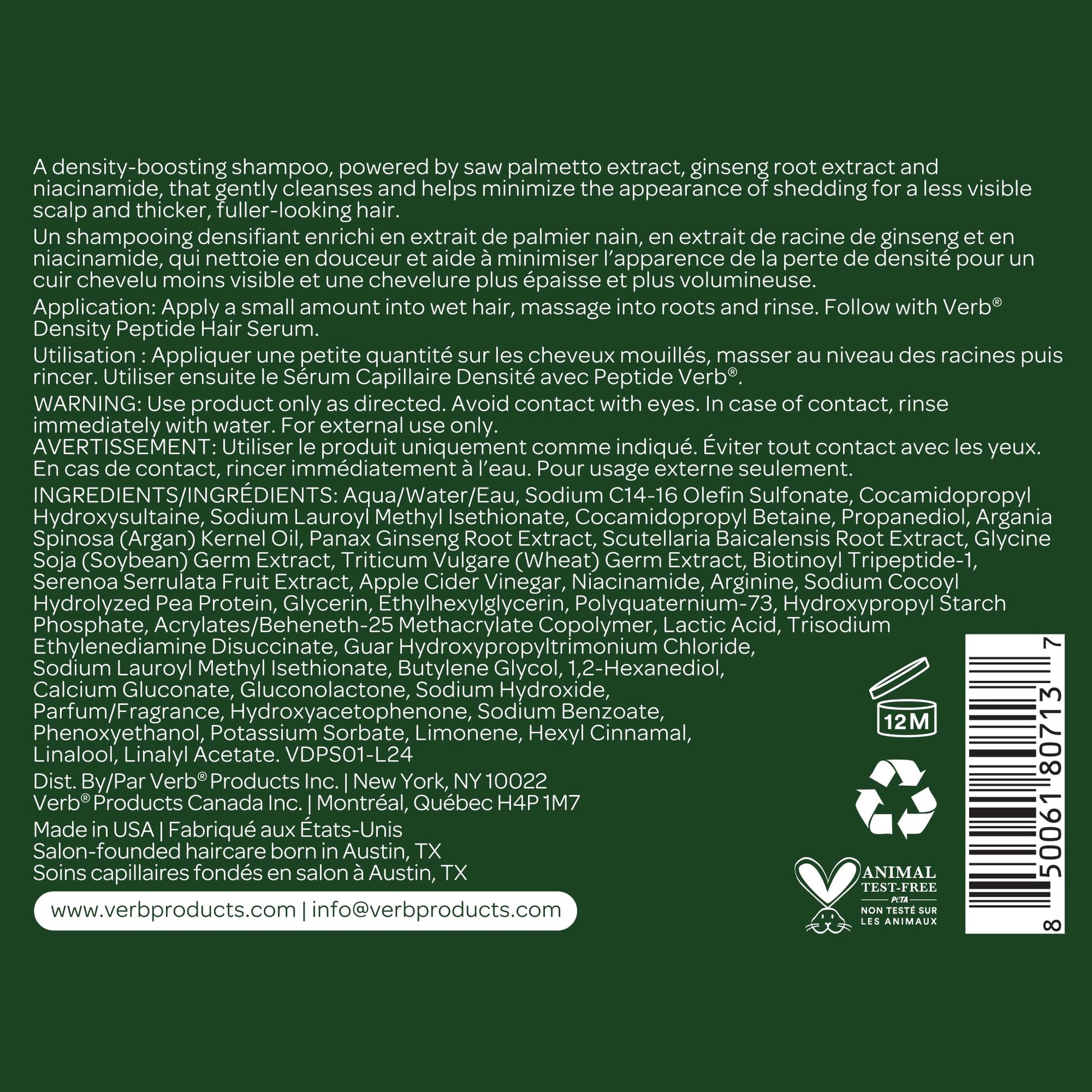 Dark Olive Green VERB Density Peptide Shampoo 12 fl oz - Visibly Thicken + Reduce Signs of Shedding- No Parabens or Harmful Sulfates