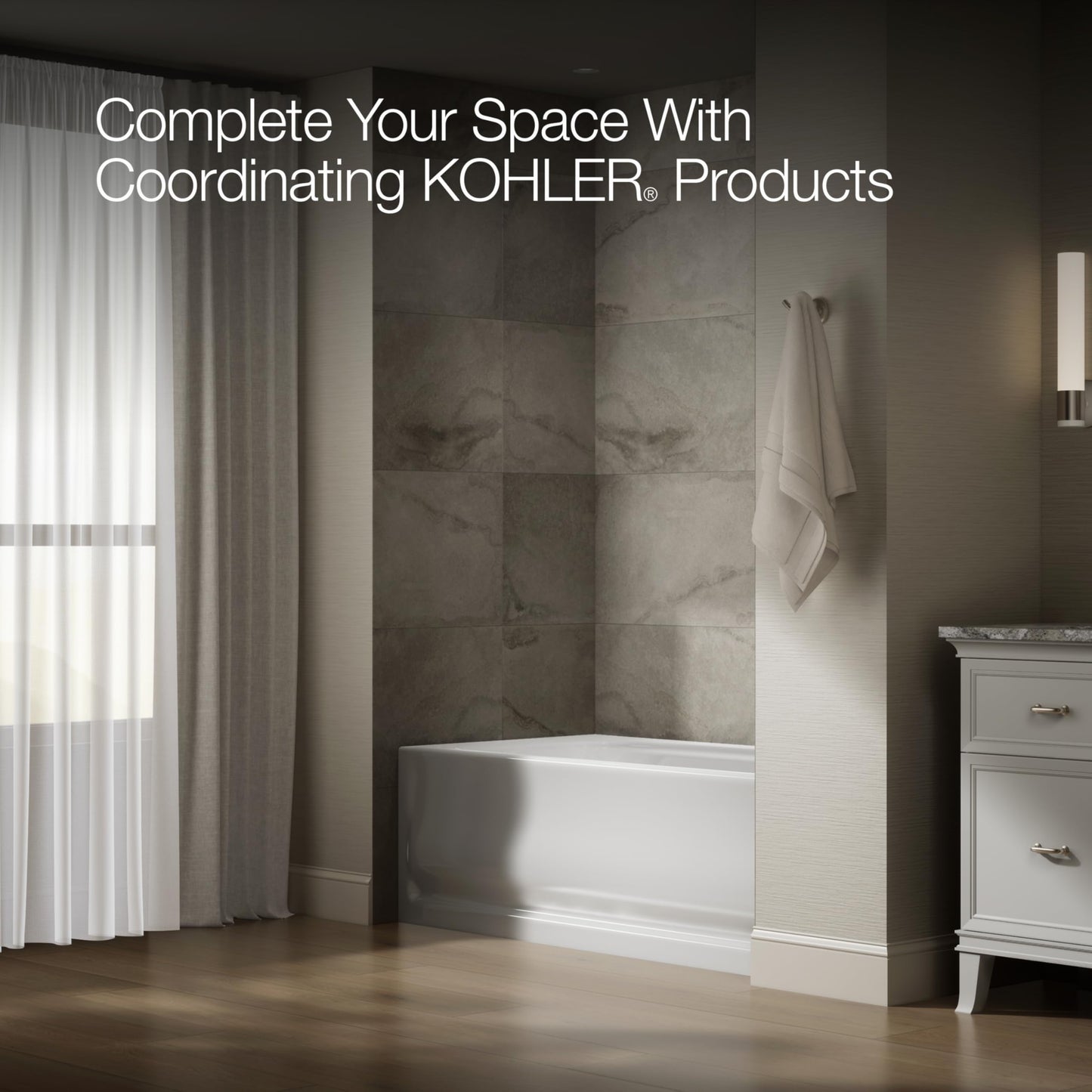 Dark Olive Green KOHLER 1150-RA-0 Bancroft 60" x 32" Acrylic Alcove Bathtub with Integral Flange and Right Hand Drain, Integral Apron, White