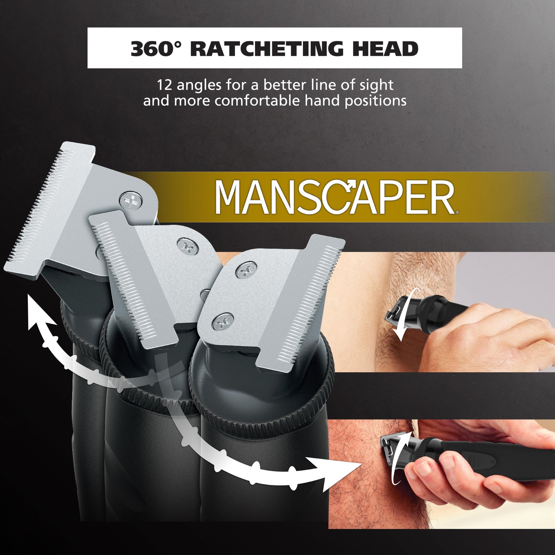 Black Wahl Manscaper® Reach 360 Ratchet Head Cordless Body and Beard Trimmer for Men with No-Slip Grip for Precise Control During Face, Body, and Manscape Grooming – Model 3025951