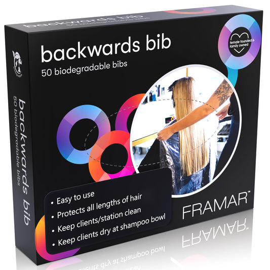Black FRAMAR Backwards Bib Disposable Hair Cutting Capes Salon, Protects Clients, Disposable Salon Capes & Chair, Hair Dye Cape, Barber Cape – 50 bibs