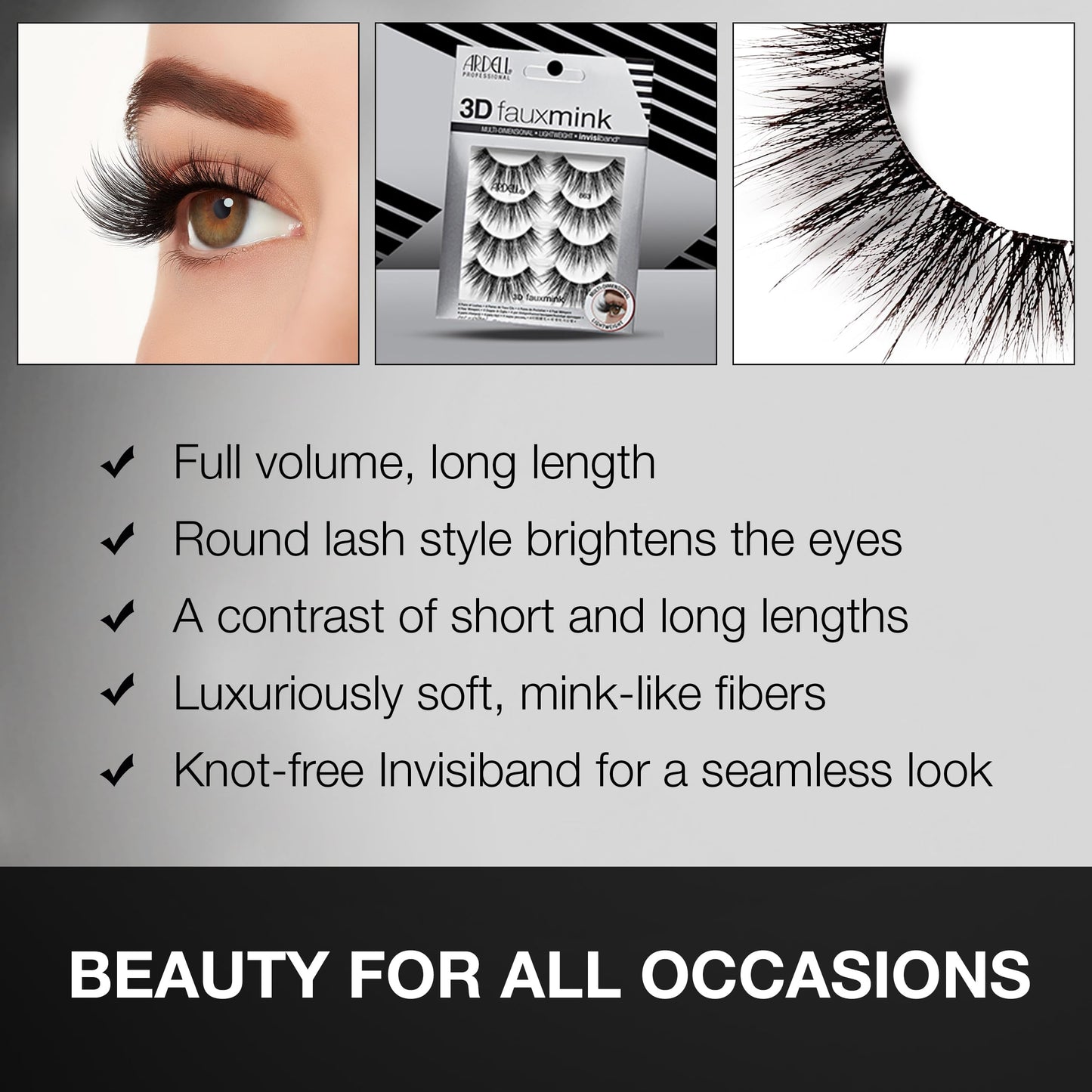 Light Gray Ardell 3D Faux Mink Lashes 863 - Multi-Dimensional False Eyelashes Natural Look Strip Wispy Lashes, 4 Pairs