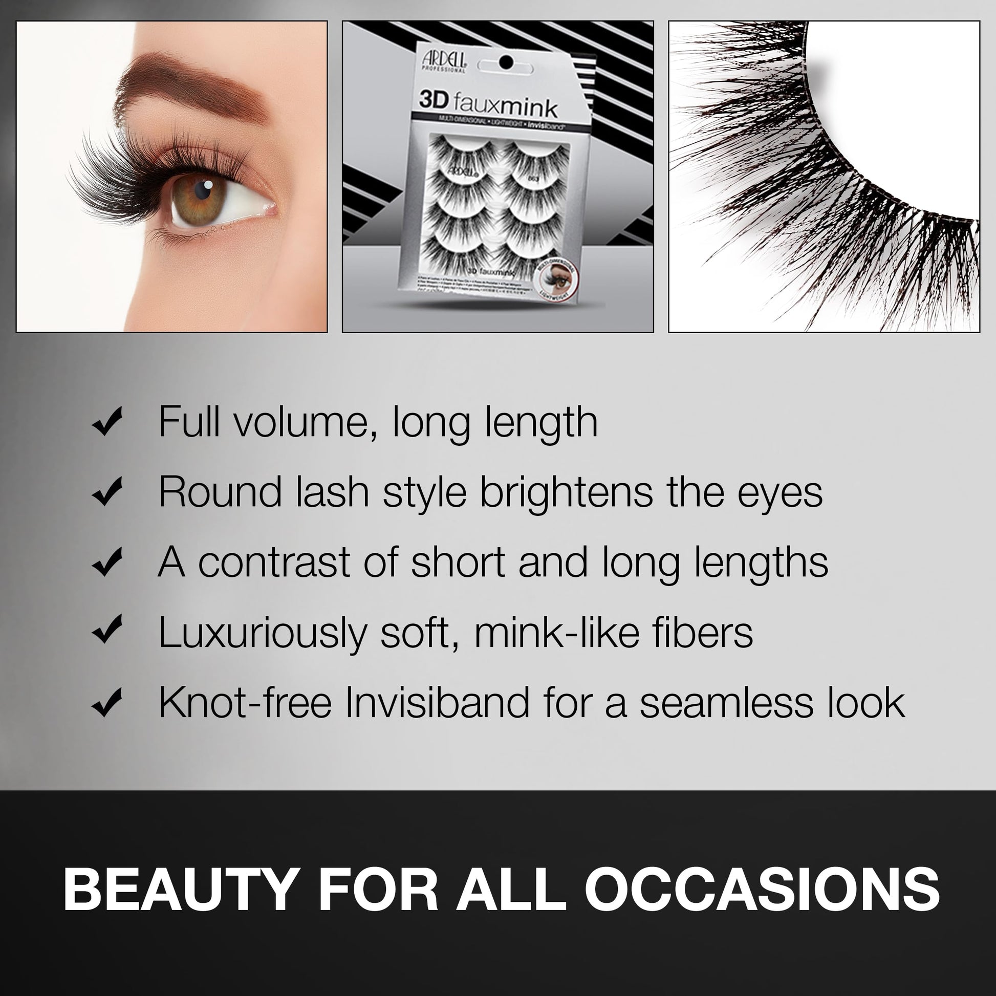 Light Gray Ardell 3D Faux Mink Lashes 863 - Multi-Dimensional False Eyelashes Natural Look Strip Wispy Lashes, 4 Pairs
