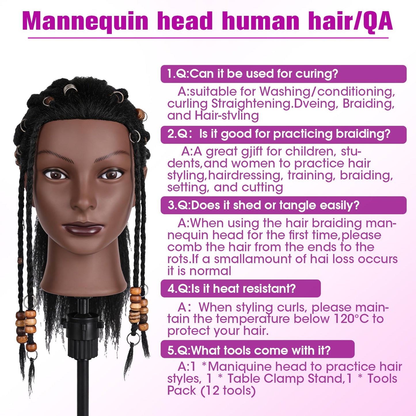 White Smoke 100% Real Hair Mannequin Head,22''Human Hair Mannequin Cosmetology Manikin Doll Head Hair Styling Hairdressing Practice Training Head with Clamp Holder and Tools（Black）