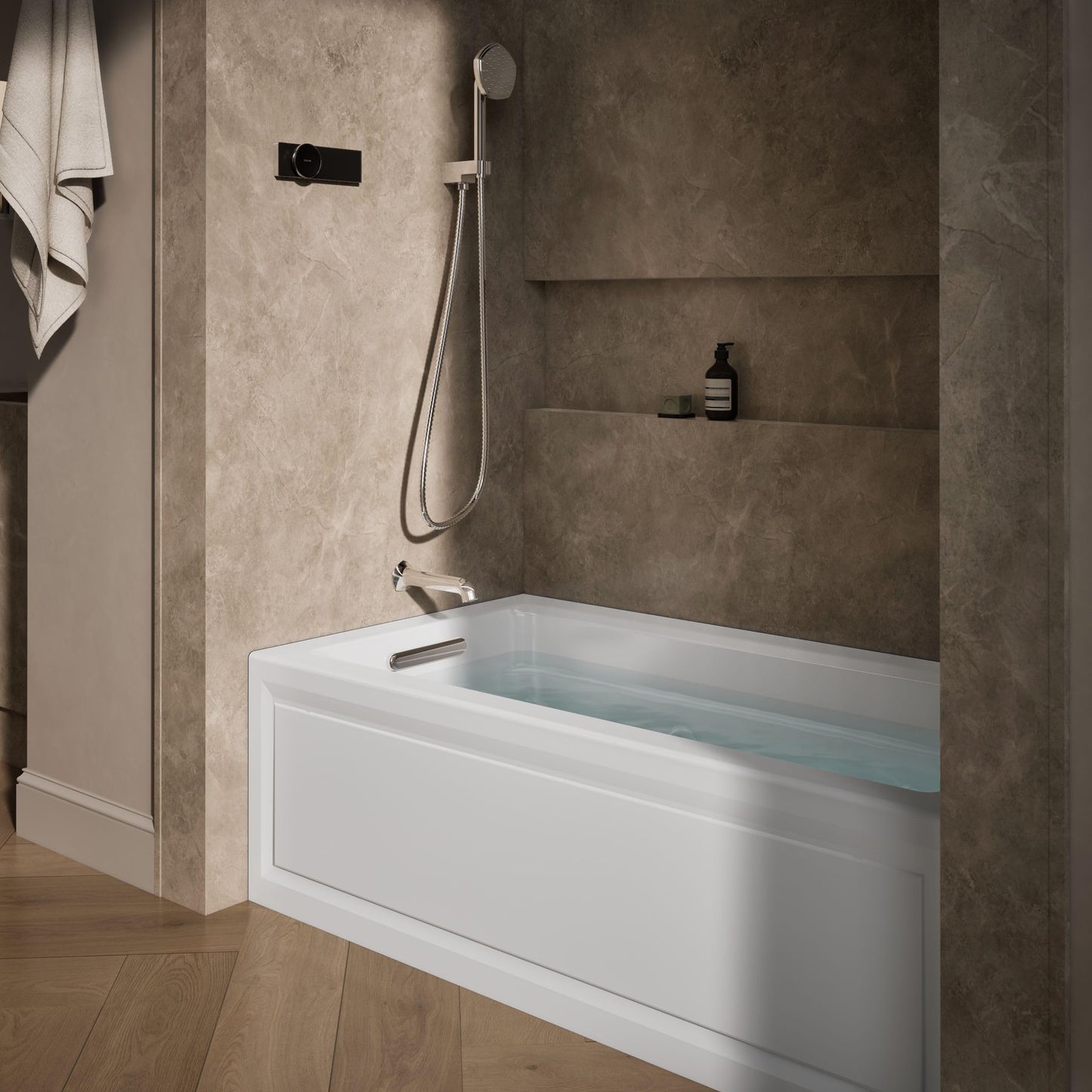 Dark Olive Green Kohler K-1122-HL-0 Archer 60"x32" alcove whirlpool with integral apron, left hand drain and heater, White