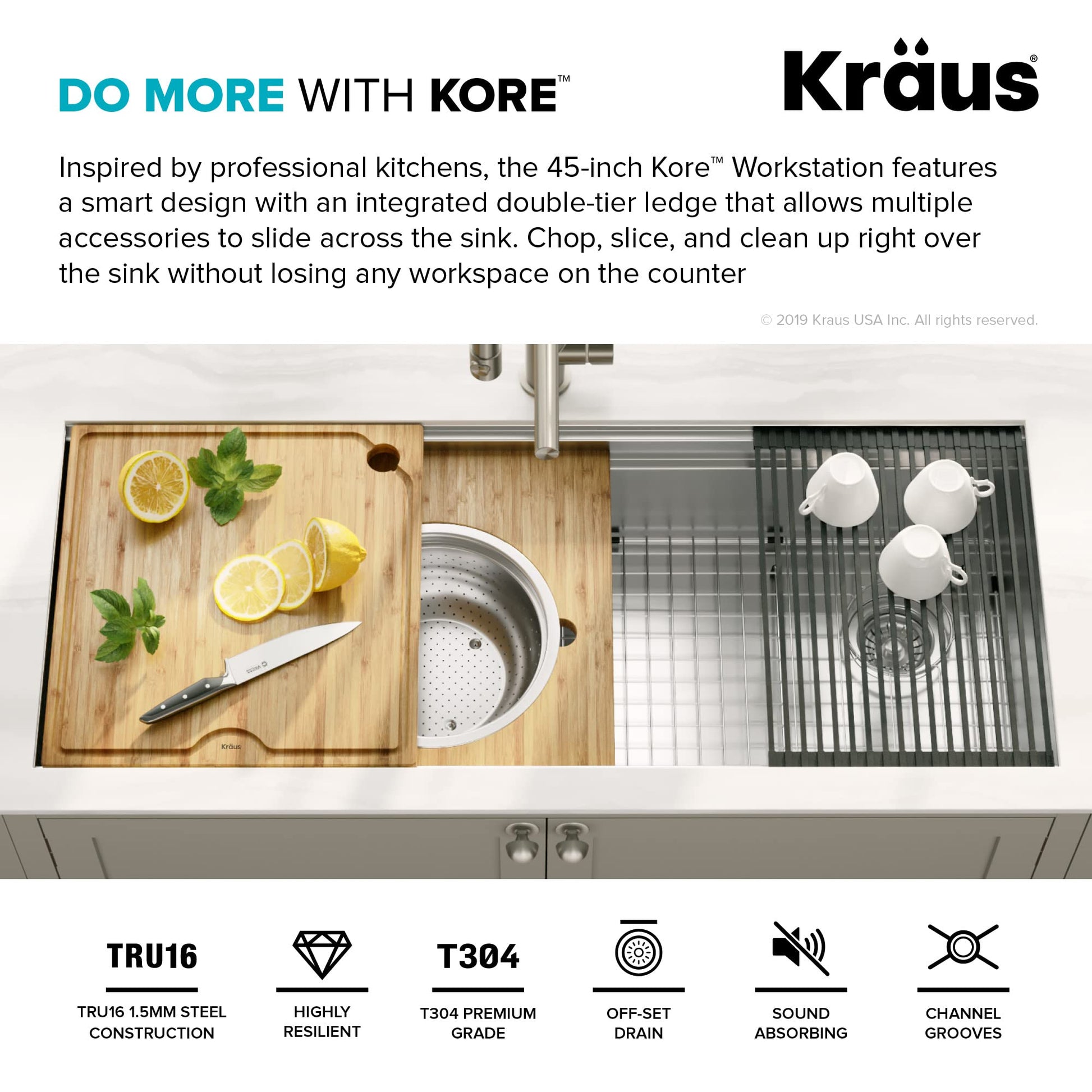 White Smoke KRAUS Kore Workstation 45-inch Undermount 16 Gauge Stainless Steel Kitchen Sink, Single Bowl Kitchen Sink with Accessories, KWU120-45