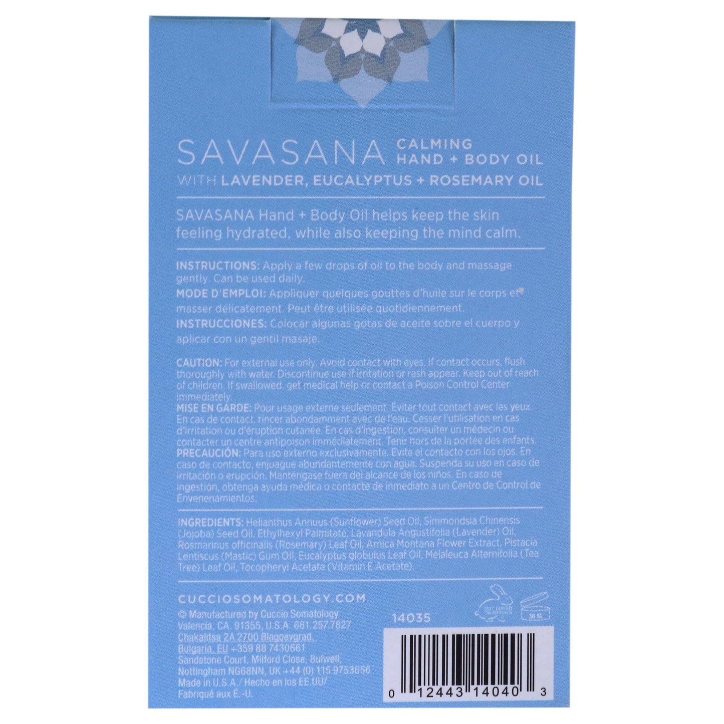 Cornflower Blue cuccio SOMATOLOGY Savasana Calming Hand and Body Oil - Intensely Moisturizing And Hydrating Blend - Made With Lavender, Eucalyptus, And Rosemary Oils - Soothe Your Mind And Nourish Your Body - 2.5 Oz