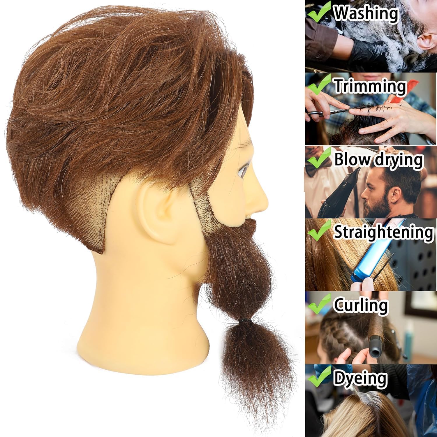 White Smoke Yiifiulyn Barber Mannequin Head Male, 12“ Mannequin Head with 100% Human Hair - Brown Hair Training Doll Head for Hairstylist Hair Styling or Cutting Practice