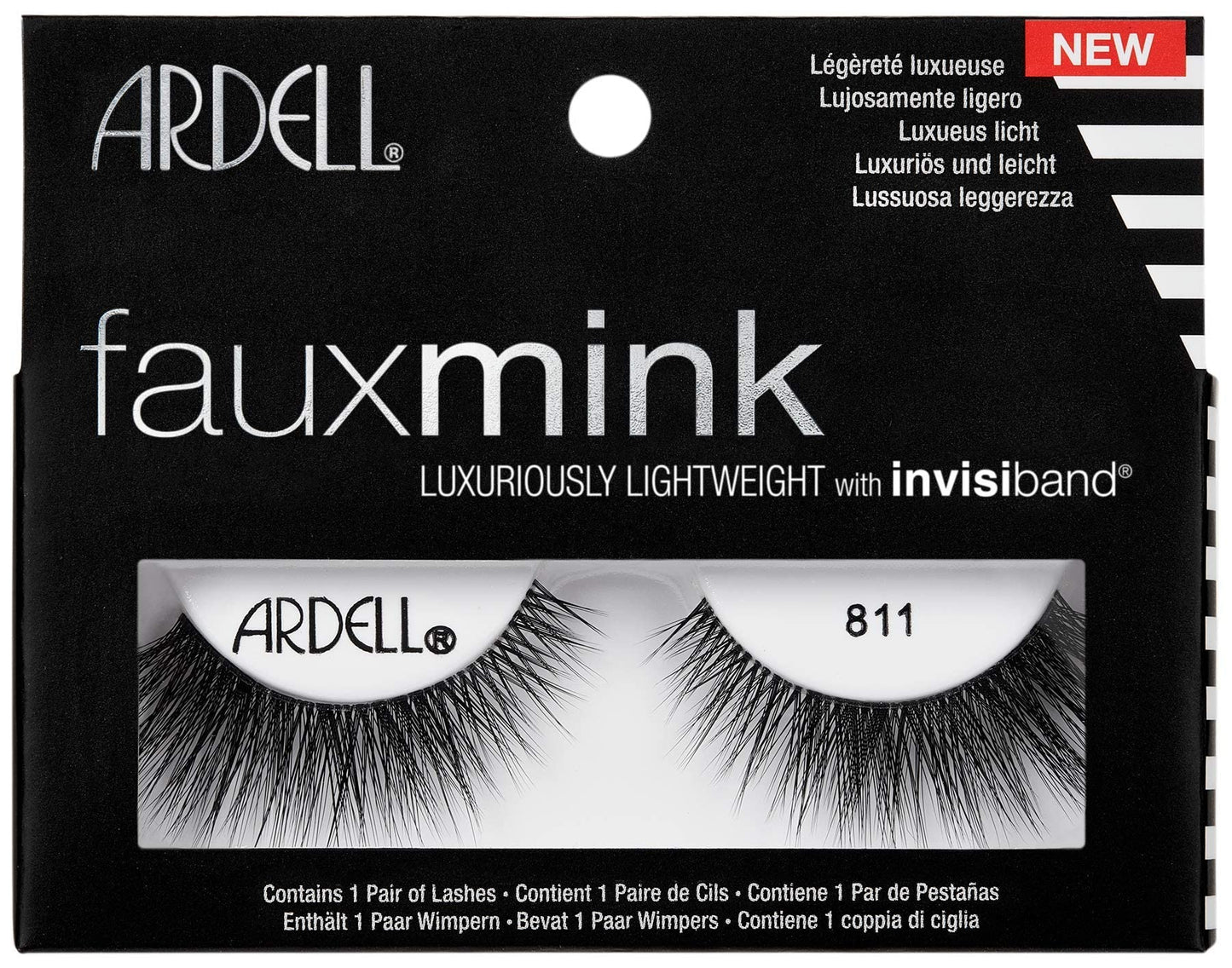 Black Ardell Faux Mink 811 Black False Lashes, Lightweight with Invisiband, 4 Pairs