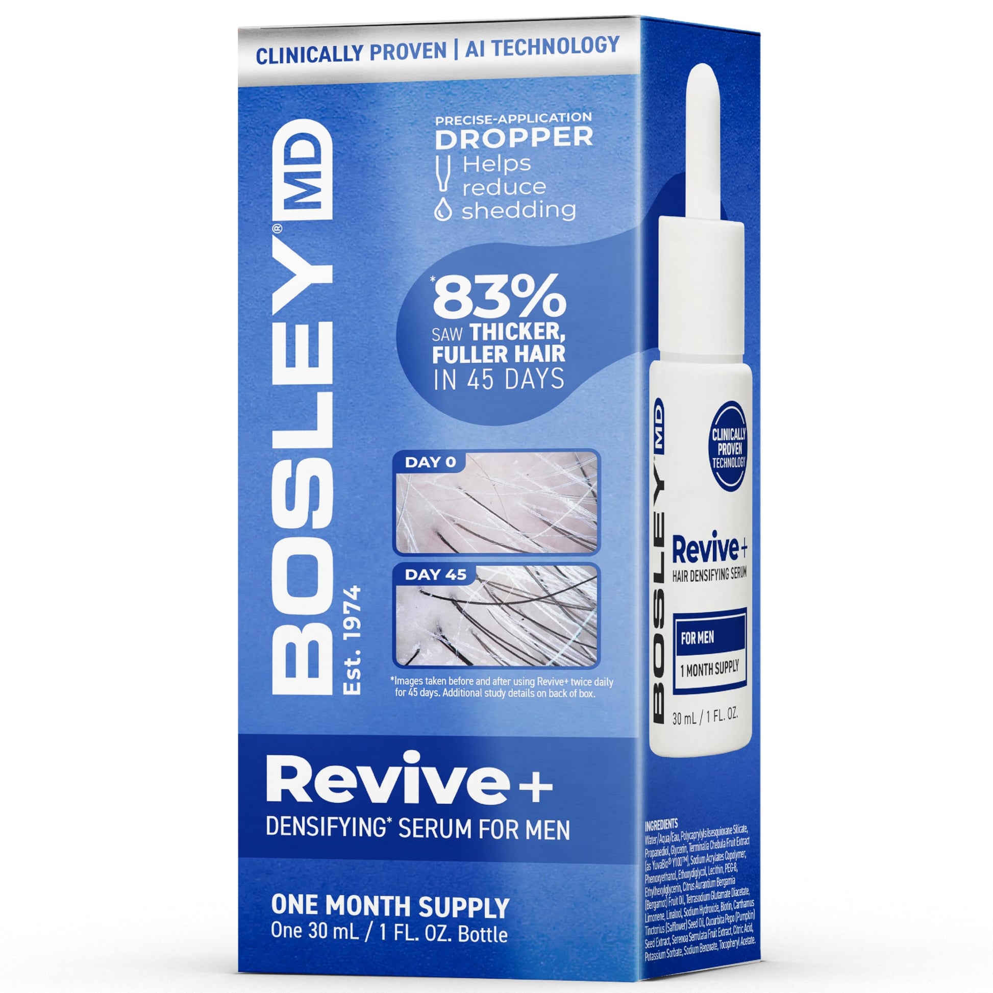 White Smoke Bosley Revive+ Densifying Serum for Men – Drug-Free Hair Regrowth Treatment – Biotin, Saw Palmetto, Pumpkin Seed, Y100 Botanical Compound – Thicker, Fuller Hair in 45 Days – 1 Month Supply