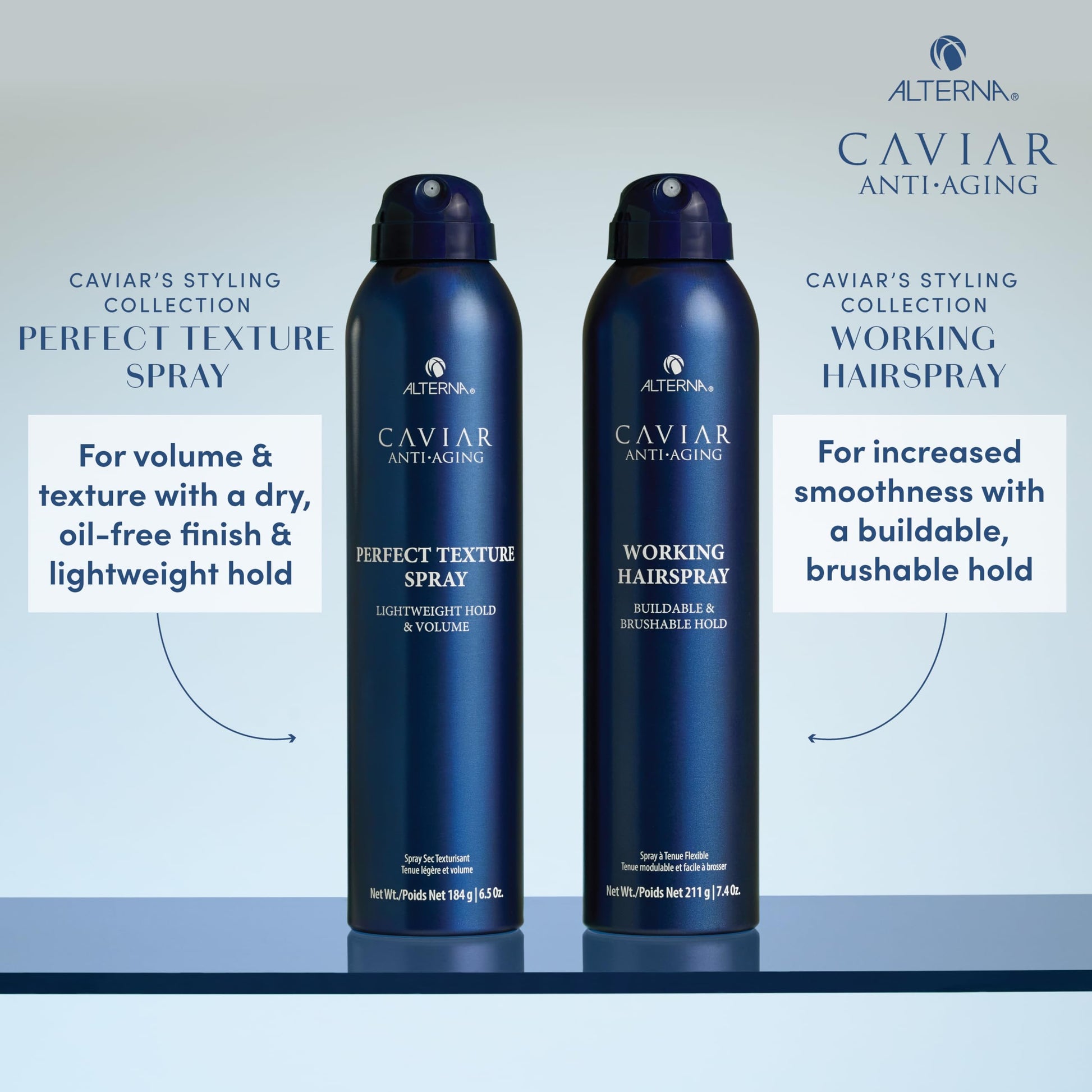 Lavender Alterna Haircare CAVIAR Anti-Aging Working Hairspray Travel Size 3 Fl Oz | Buildable, Brushable Hold | Helps Control Frizz and Adds Shine | Sulfate Free