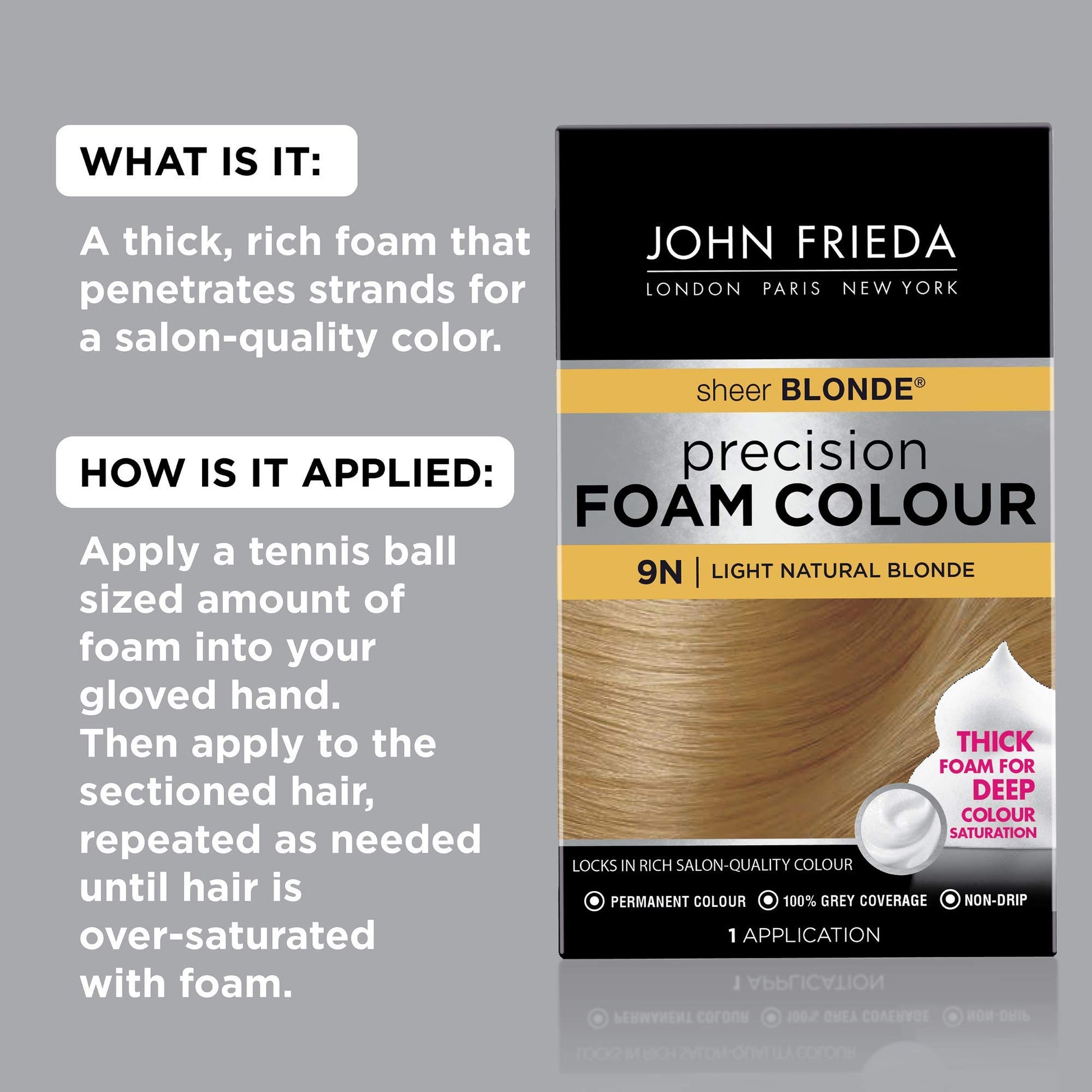 Dark Gray John Frieda Precision Foam Colour, Light Natural Blonde 9N, Full-Coverage Hair Color Kit, Anti-Fade Gray Coverage, Deep Color Saturation Hair Dye, 1 Application