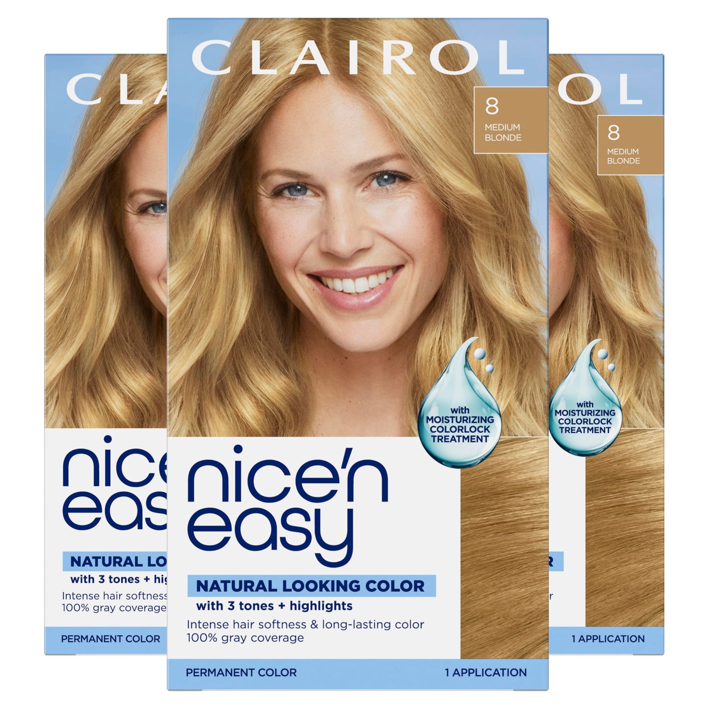 White Smoke Clairol Nice'n Easy Permanent Hair Dye, 8 Medium Blonde Hair Color, Pack of 3 - Packaging May Vary