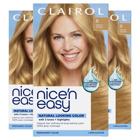 White Smoke Clairol Nice'n Easy Permanent Hair Dye, 8 Medium Blonde Hair Color, Pack of 3 - Packaging May Vary